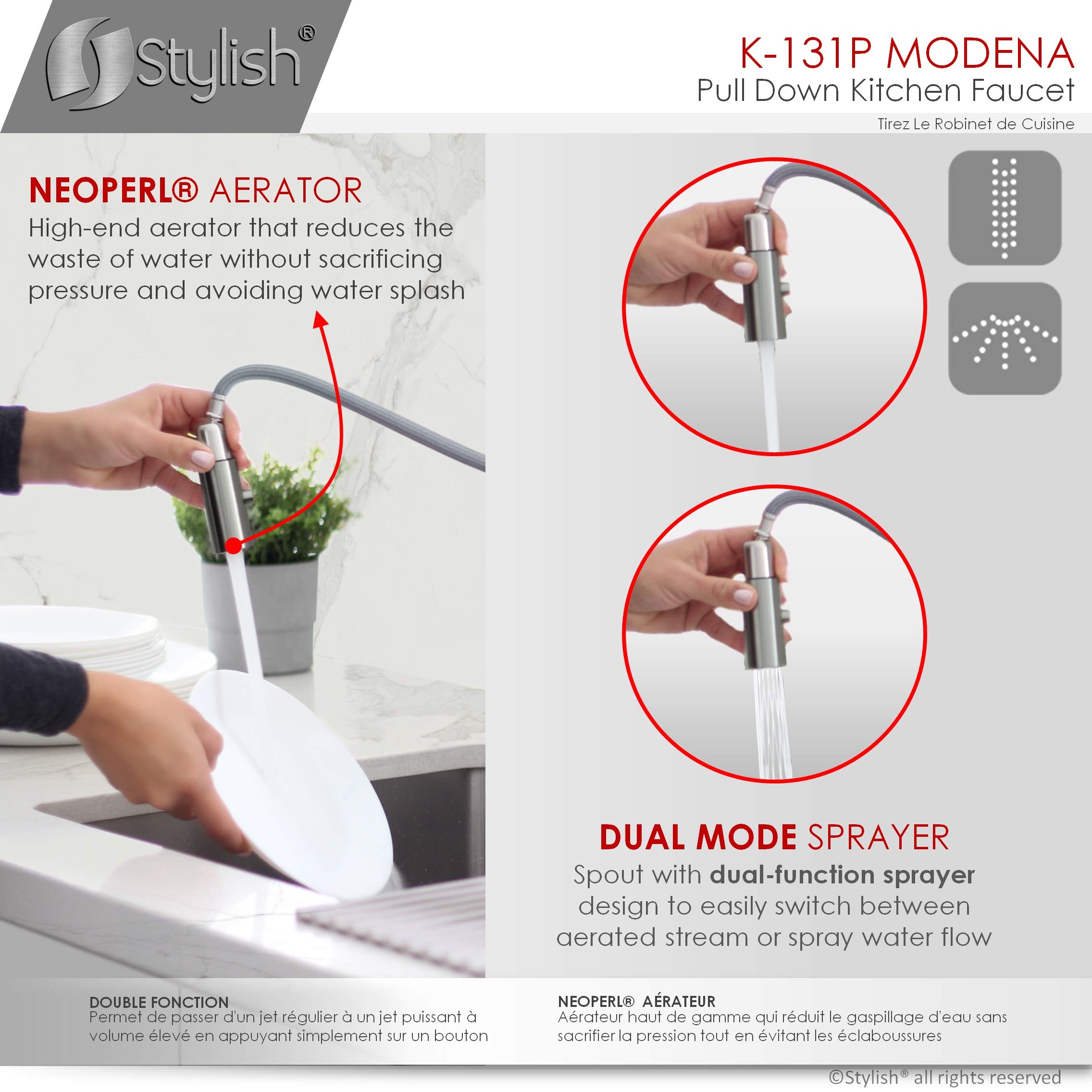 Stylish Pull Down Kitchen Faucet - 1 Handle Dual Function Sprayer with Ceramic Cartridge & Aerator | Brushed Gun Metal Stainless Steel (Model K-131P) | Perfect for Modern Kitchens & Easy Dishwashing