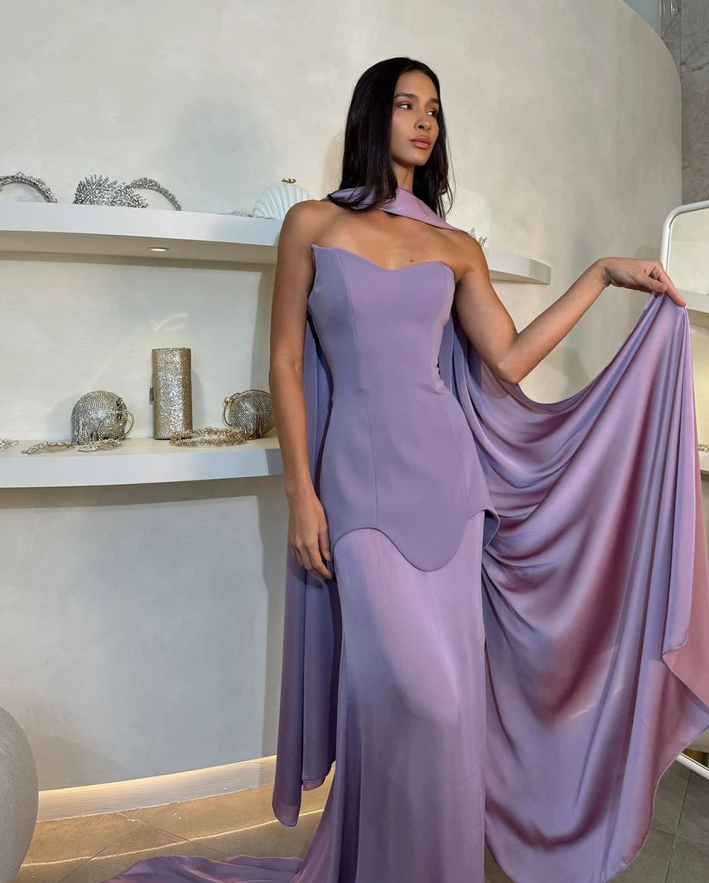 Elegant Dubai Arabic Purple Mermaid Satin Evening Gown with Long Cape - Formal Dress for Prom, Wedding & Special Occasions LA72813