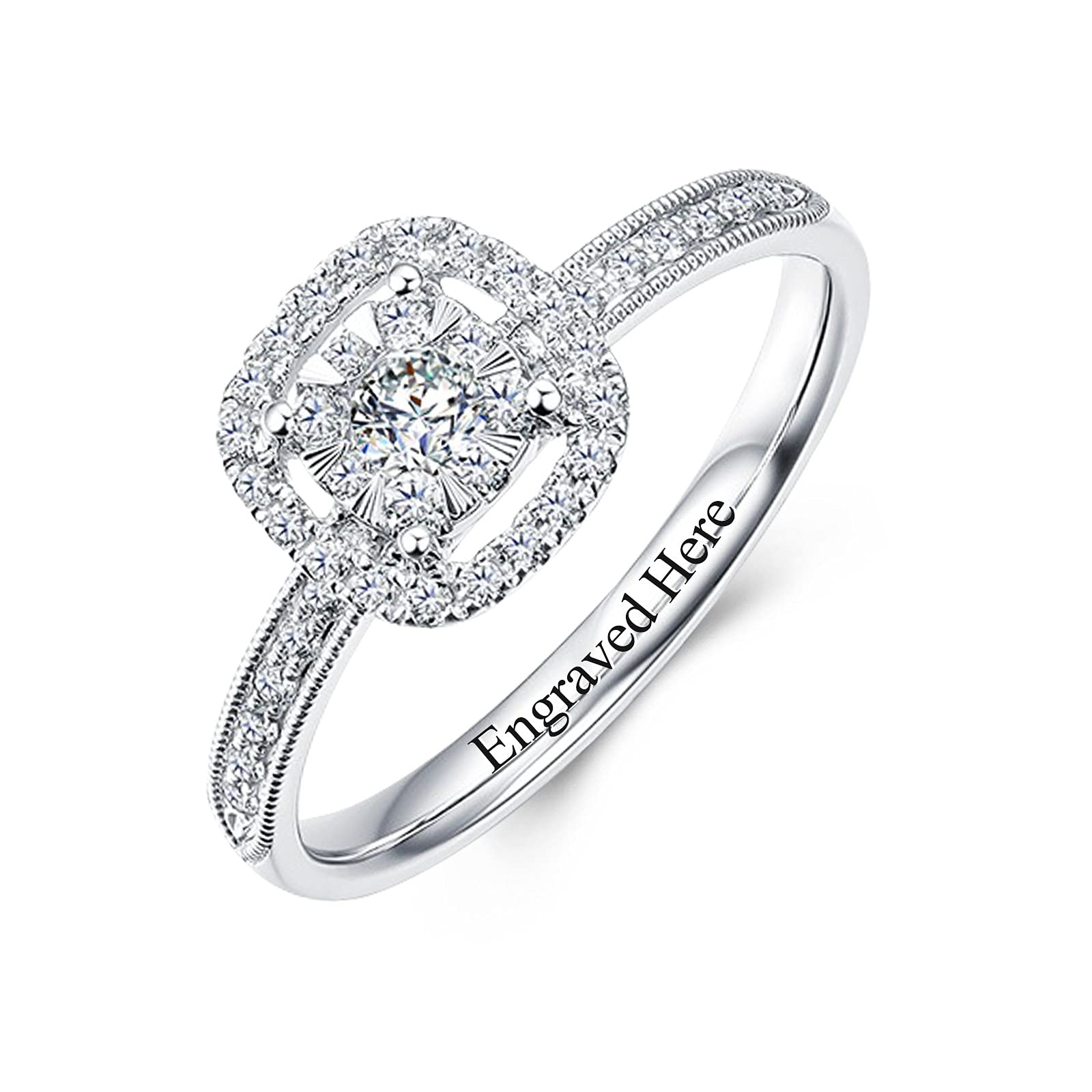 925 Sterling Silver 1 Carat Cushion Halo Moissanite Diamond Ring - Personalized Custom Engraved Dainty Engagement Wedding Band for Women, Anniversary & Bridal Promise Ring - Perfect for Proposals, Weddings & Special Occasions