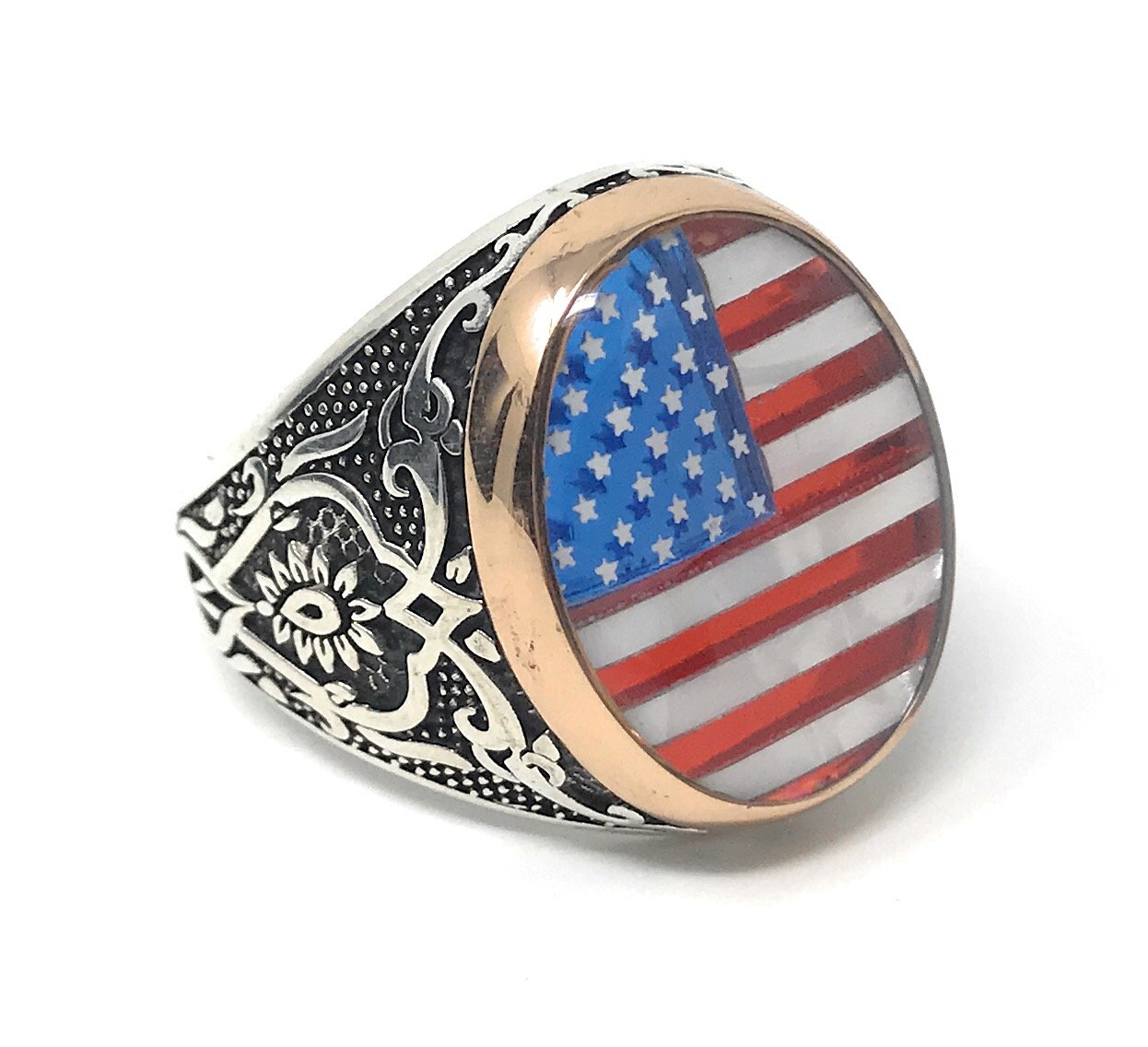 KAR 925K Sterling Silver Enameled American Flag Men's Ring - Special Edition K61L - Patriotic Jewelry Gift for Him, Veterans Day, Independence Day & Everyday Wear