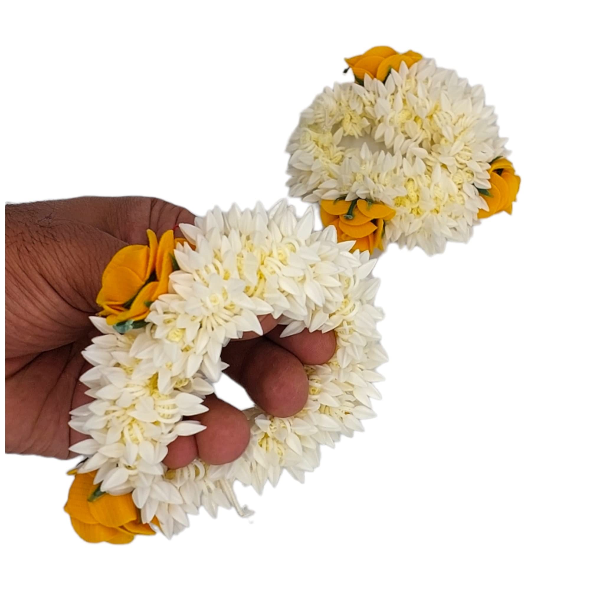 DIAN Pack of 2 White & Yellow Artificial Flower Hair Scrunchies for Women - Mogra Gajra Hair Bun Accessories for Wedding, Party & Boho Style (Perfect for Bridal, Festival & Everyday Fashion)