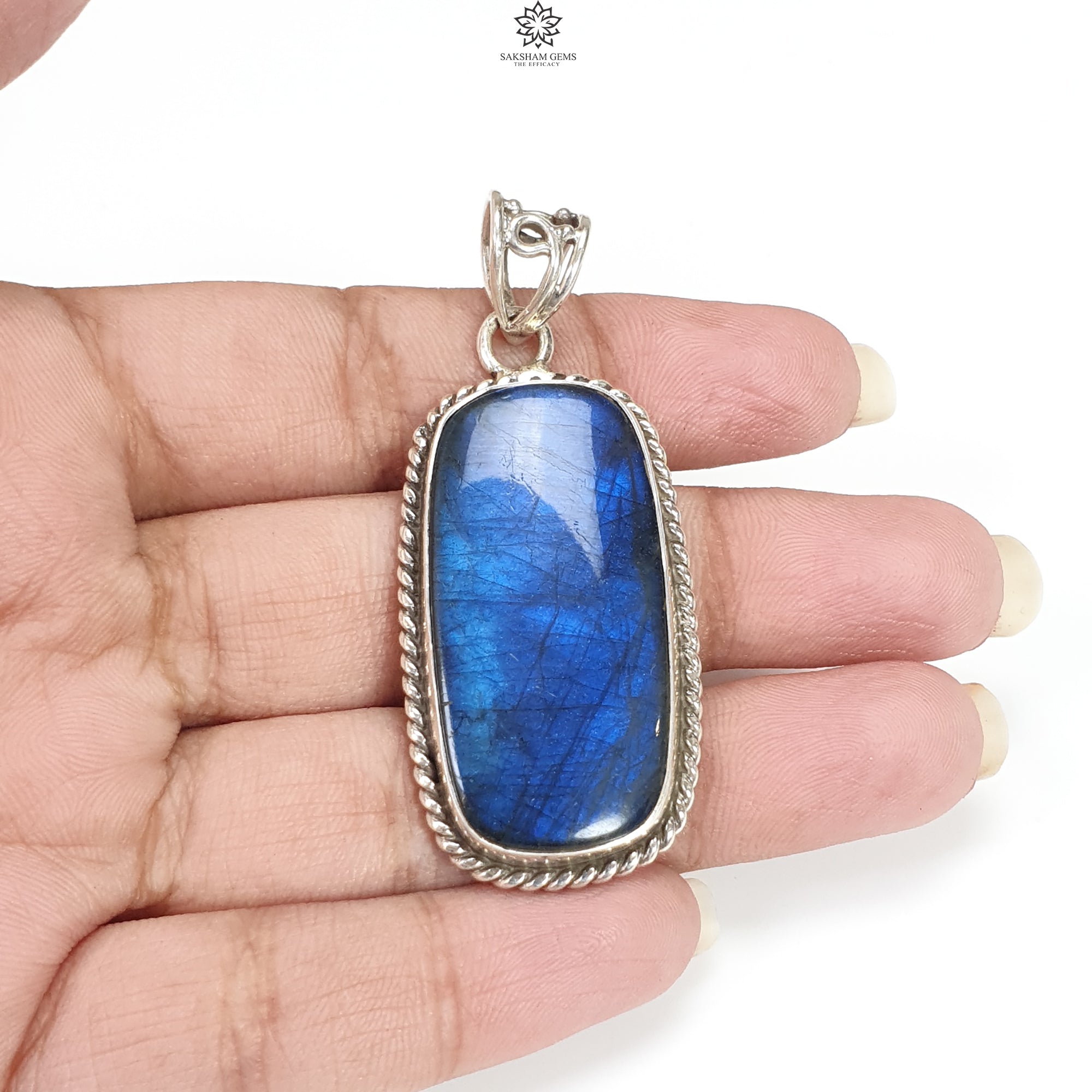 Natural Blue Labradorite Silver Pendant – 15.03g Untreated Baguette Cut 925 Sterling Silver Bezel Jewelry for Women | Perfect for Everyday Wear, Gifts & Spiritual Healing