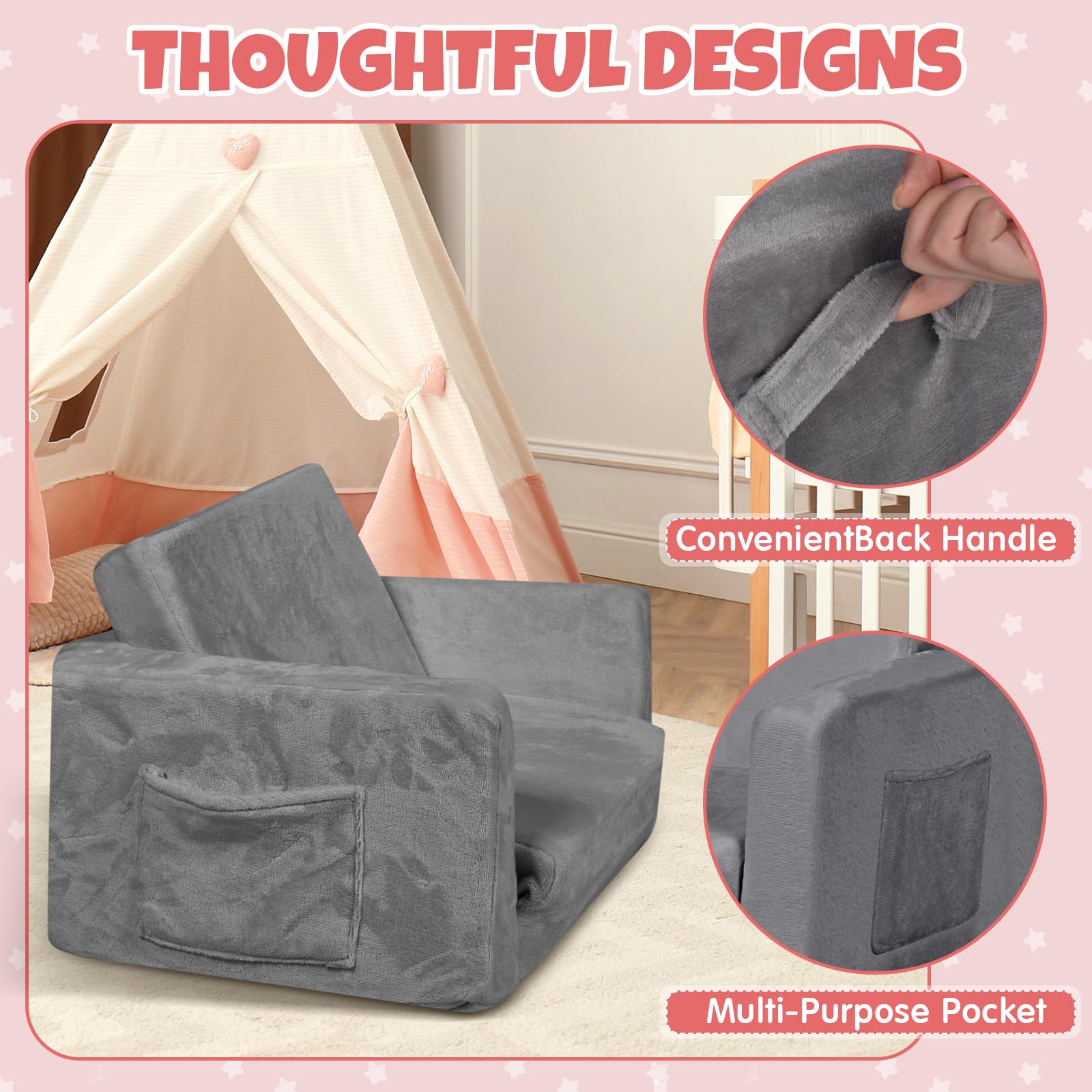 **2-in-1 Toddler Couch & Play Sofa - Soft Sherpa Kids Sofa with Glow-in-The-Dark & Cute Patterns - Foldable Design for Boys & Girls - Perfect Gift for Kids - Ideal for Playrooms, Bedrooms & Movie Nights**
