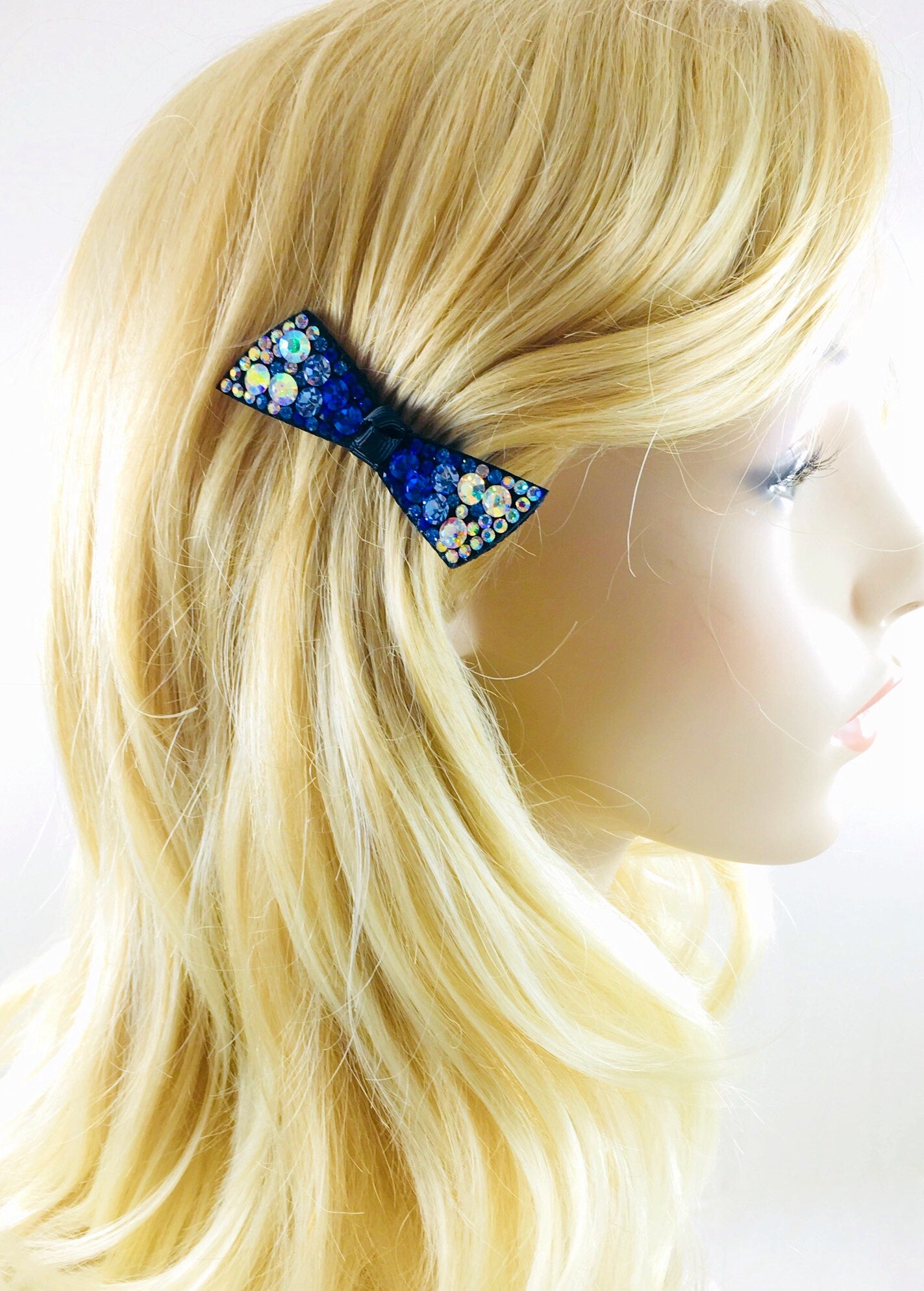 Elegant Swarovski Crystal Bow Knot Hair Clip - Acrylic Black Base with Royal Blue AB Finish | Perfect for Weddings, Prom, Parties & Special Occasions