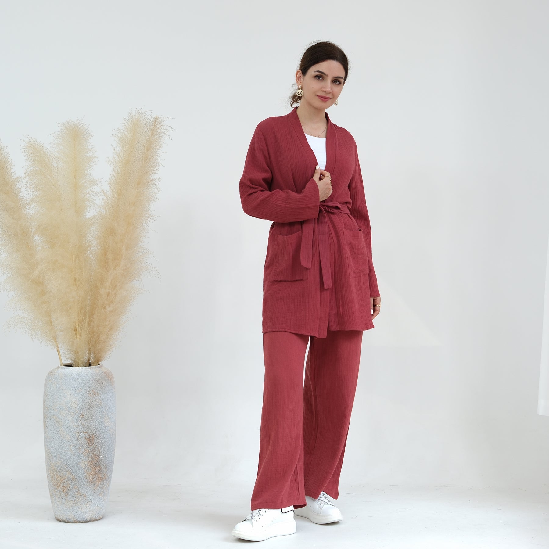 Soft Cotton Waffle 4-Piece Lounge Set - Breathable & Comfortable Red Pajama Set for Women | Perfect for Relaxing at Home, Lounging & Sleepwear