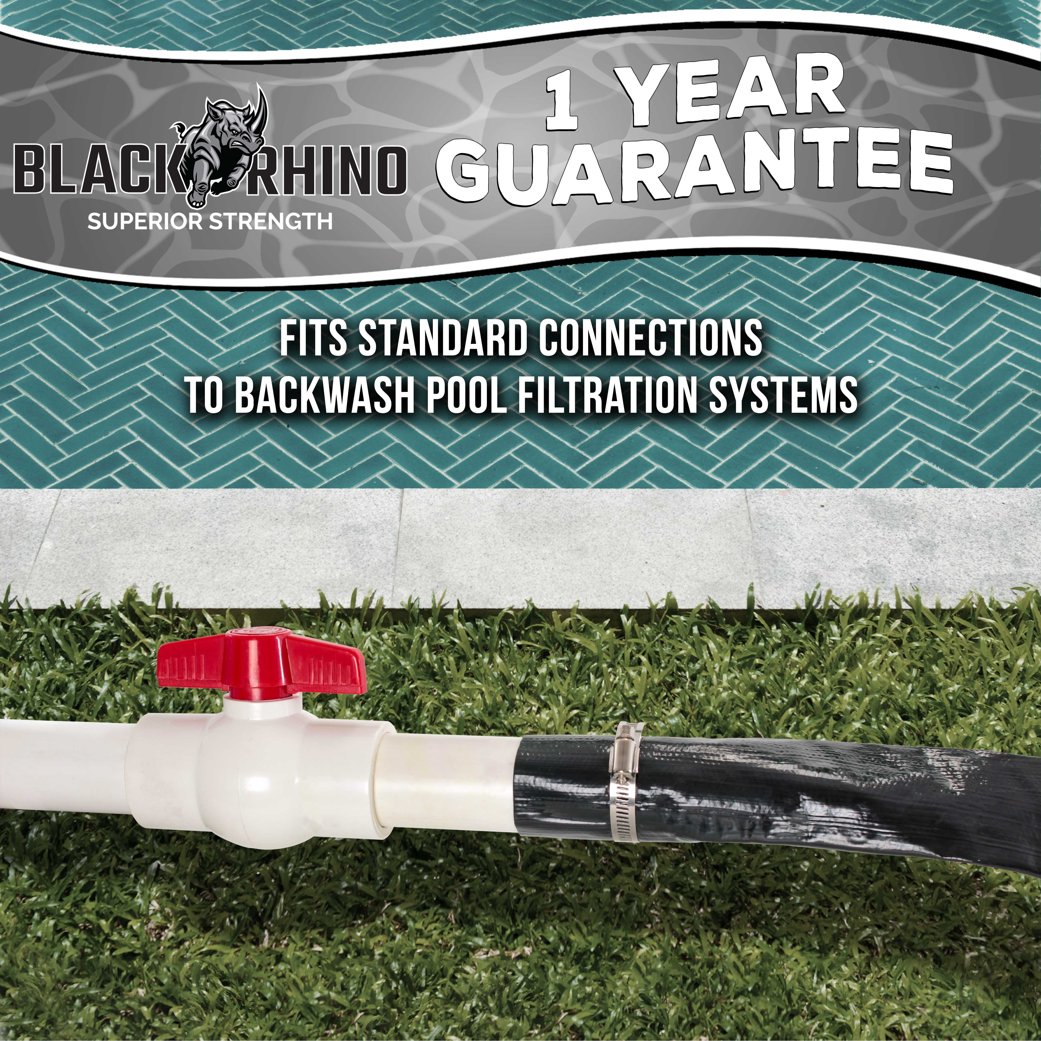U.S. Pool Supply® Black Rhino 2-Pack 50' Heavy Duty Backwash Hose with Hose Clamp - 1.2mm Thick Weather-Resistant Pool Maintenance Hose for Inground & Above Ground Pools