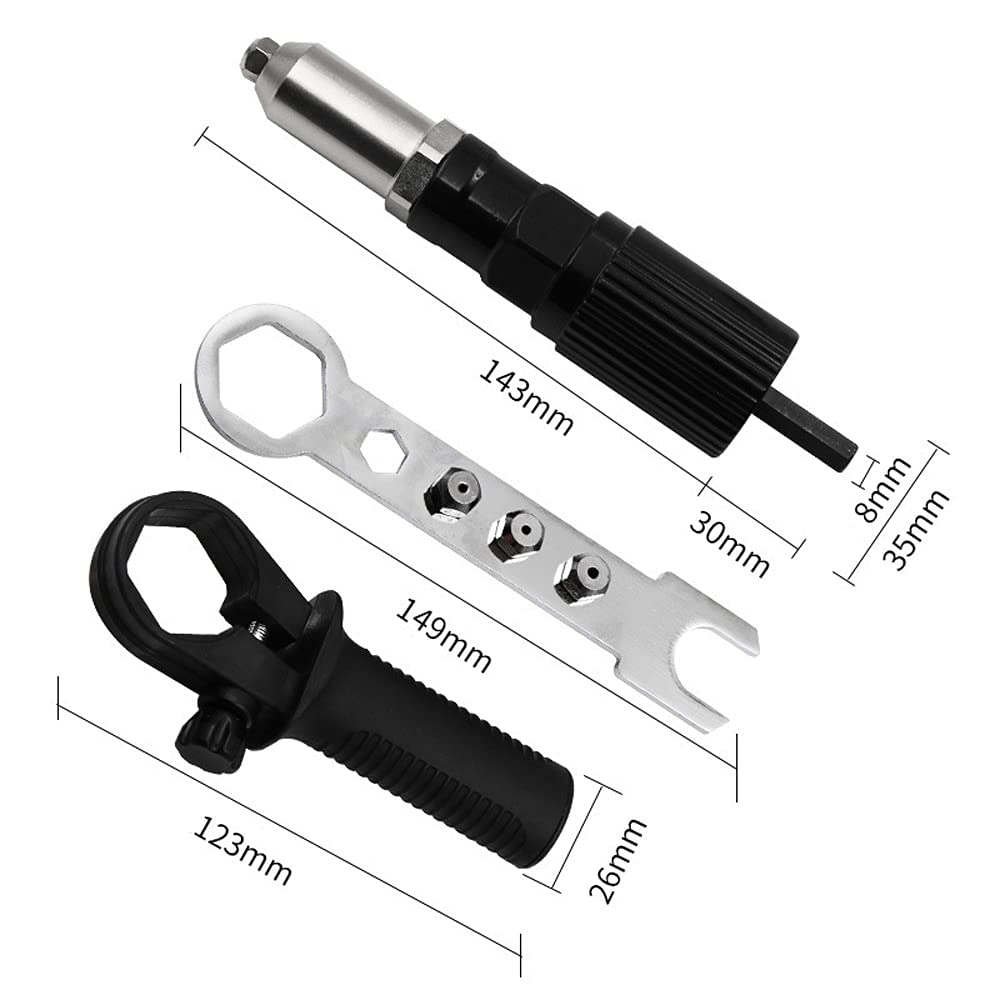 Cordless Rivet Gun Adapter Kit with 4Pcs Nozzles & Wrench - Drill Joint Riveter for Sheet Metal Work, DIY Projects & Home Repairs - Perfect for Automotive, HVAC & Construction Applications