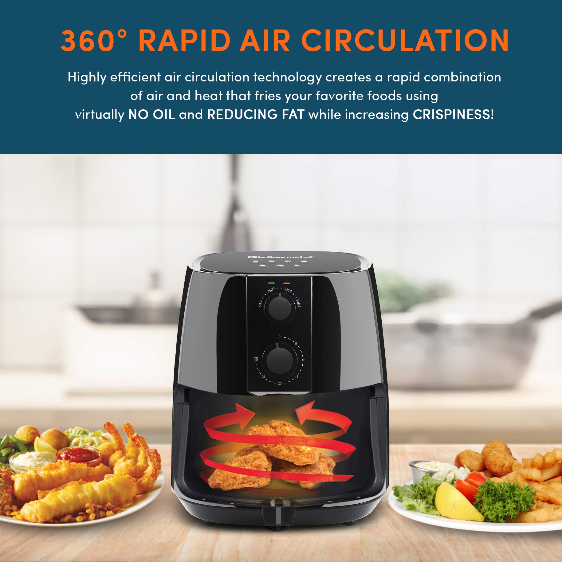 Elite Gourmet EAF4617 1350W Digital Air Fryer - 4 Quart Oil-Free Healthy Cooker with Timer & Temp Control - Perfect for Crispy Fries, Chicken Wings & Family Meals - Black