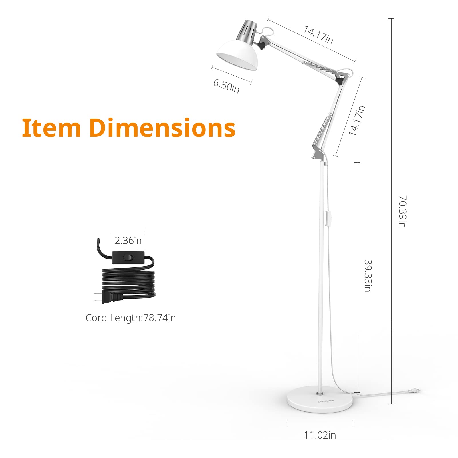 LEPOWER Swing Arm Floor Lamp with Heavy Metal Base - Adjustable Industrial Standing Light, E26 Socket, Modern Reading Lamp for Living Room, Bedroom, Office (White) | Perfect for Cozy Reading Nooks & Workspace Lighting