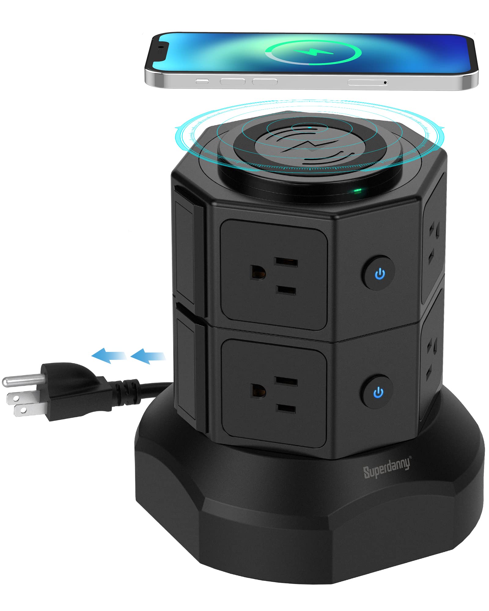 SUPERDANNY Power Strip Tower with 15W Magnetic Wireless Charger | 6.5Ft Retractable Extension Cord | 1050J Surge Protector | 8 AC Outlets & 4 USB Ports Charging Station for Home Office | Perfect for Desk, Bedside & Travel Use