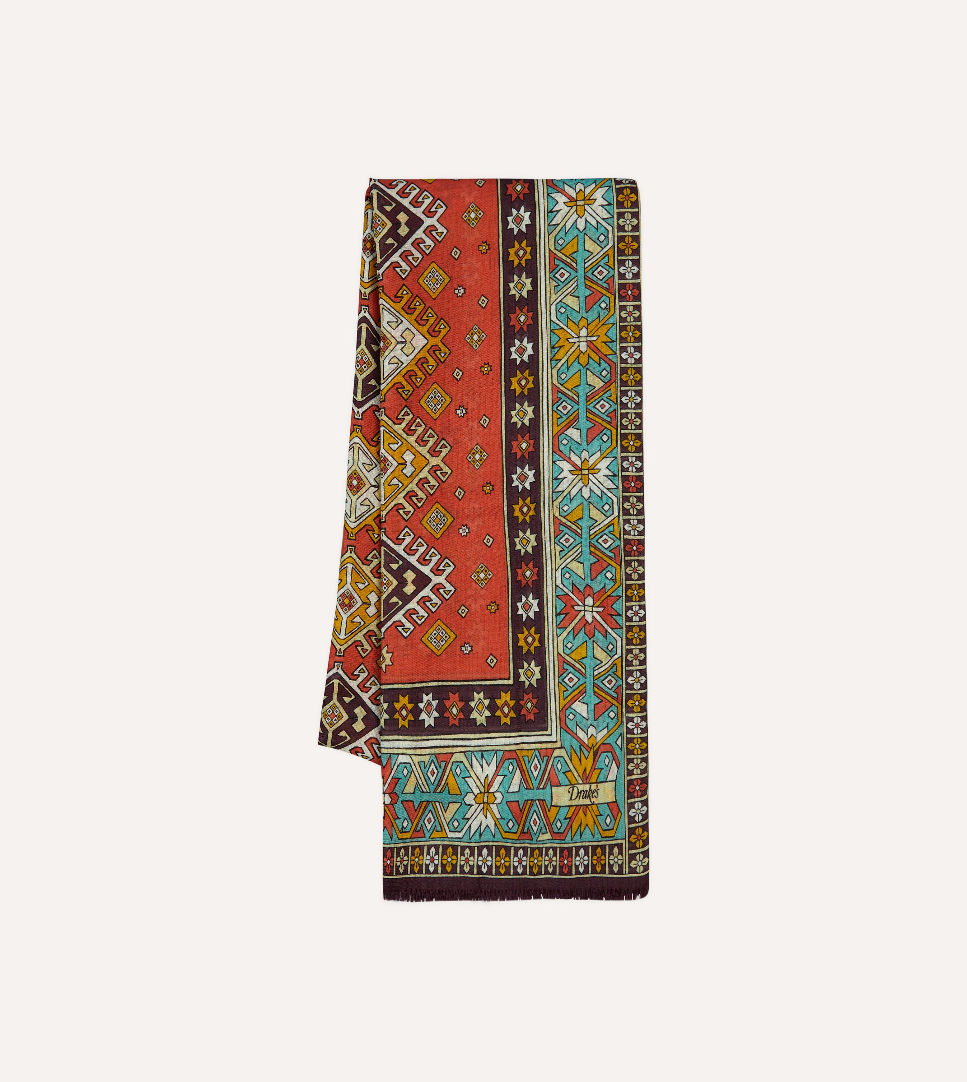 Vintage Red and Turquoise Kilim Print Wool Silk Scarf - Lightweight & Soft for Women - Perfect for Boho Fashion, Travel Accessories & Winter Layering