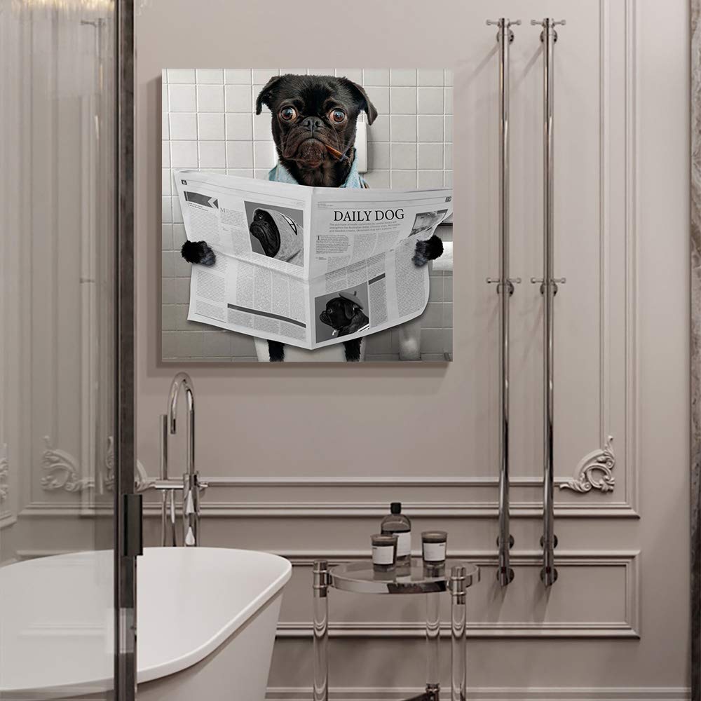 Funny Pug Reading Newspaper Toilet Canvas Wall Art - 28x28 Inch Framed Bathroom Decor, Ready to Hang for Kitchen & Bedroom - Perfect for Home, Office & Gag Gift