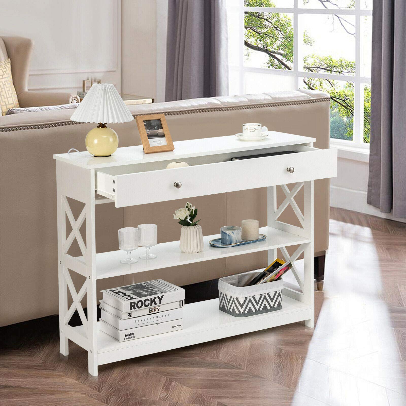 Elegant White Console Table with Storage Drawers & Shelves - Sturdy & Durable Sofa Accent Table for Living Room, Hallway, Entryway - Perfect for Home Decor & Organizing Keys, Books & Decorative Items