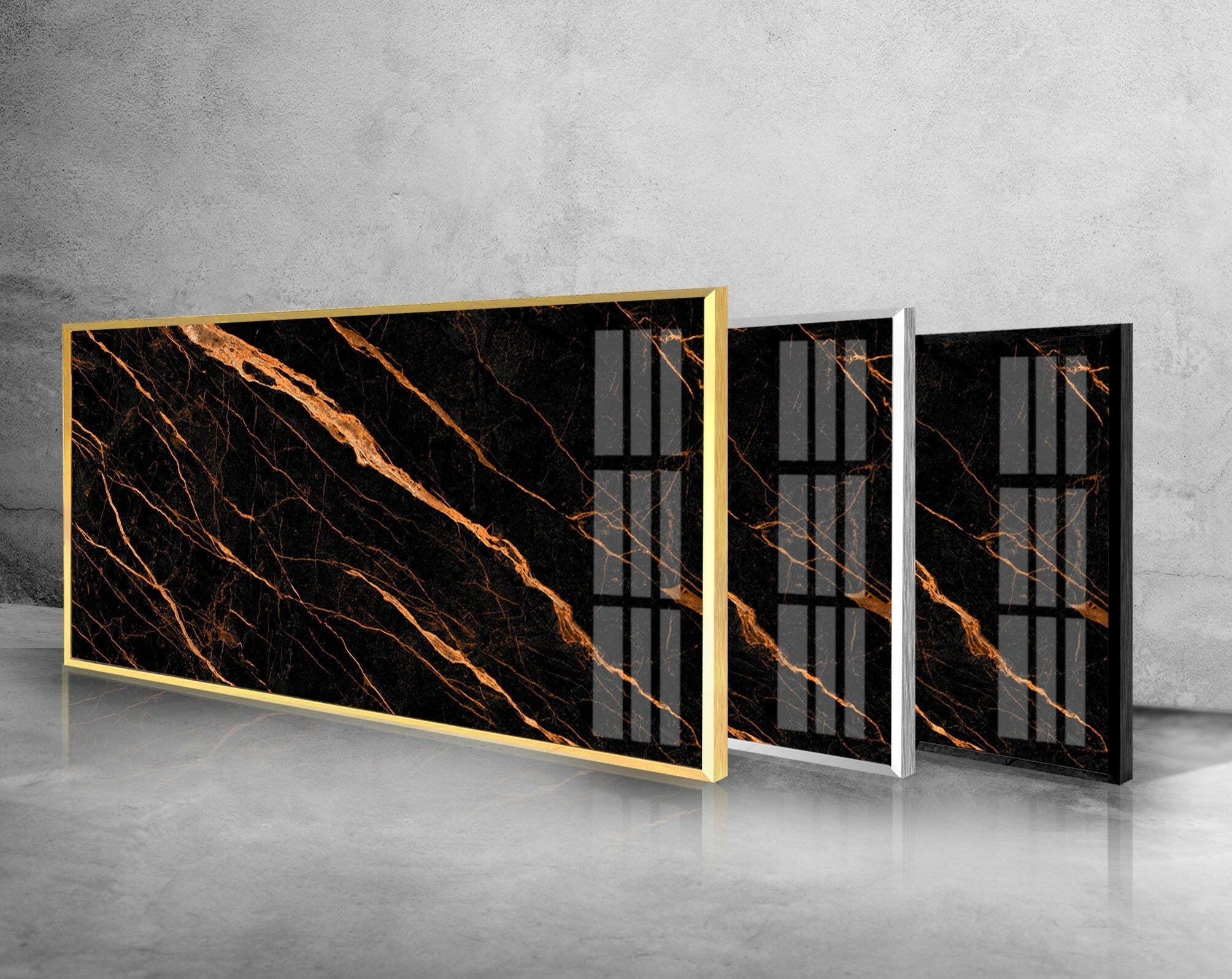 Black Marble with Orange Veins Glass Wall Art - Modern Abstract Home Decor for Living Room, Bedroom & Office - Shatterproof Tempered Glass Wall Hanging
