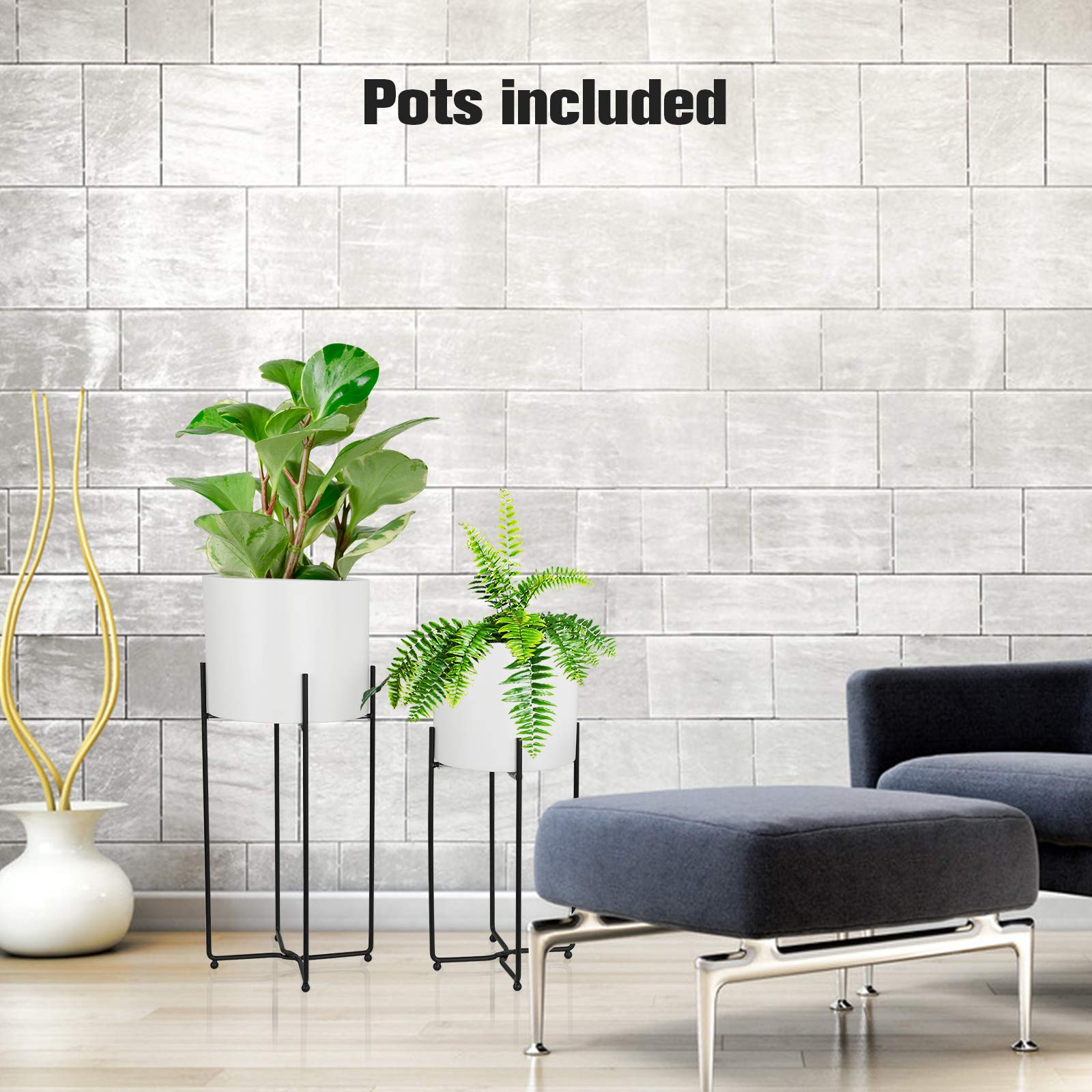 **Sinolodo Mid Century Modern Planters Set - 3-Piece Metal Floor Planter with Gold Foldable Stand for Indoor Plants (White Pot, Black Stand, 9''+8''+7'') - Perfect for Living Room, Office & Home Decor**