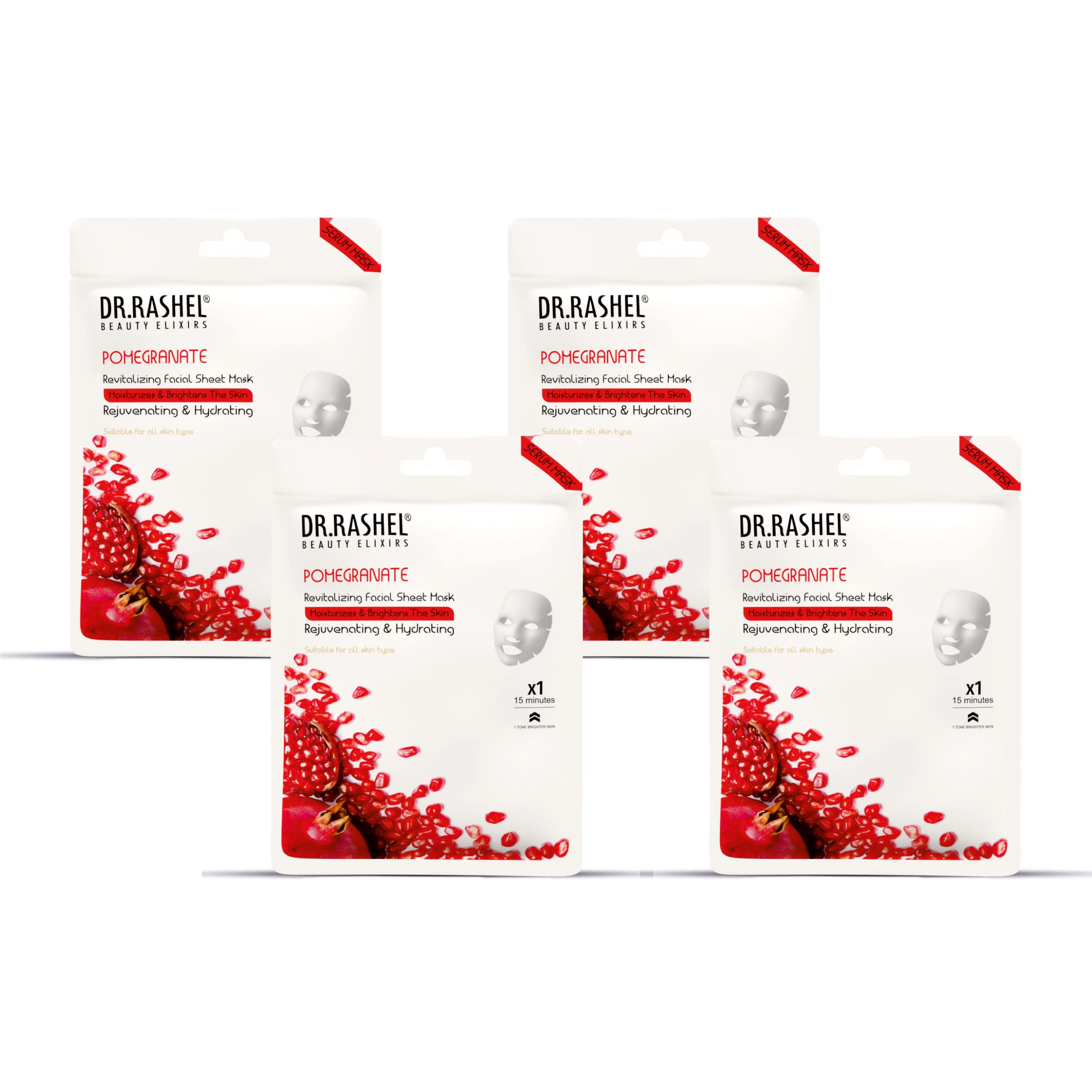 DR.RASHEL Pomegranate Face Sheet Mask with Serum for Women & Men - All Skin Types - Deep Cleansing, Oil Control & Hydration - Paraben-Free Pack of 4 (20g Each) - Perfect for Daily Skincare, Spa Days & Travel Essentials