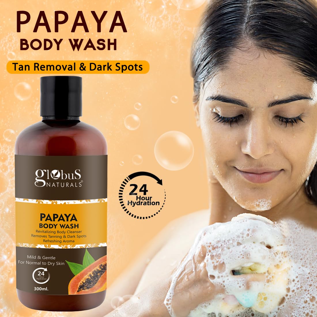 Globus Naturals Nourishing Papaya Body Wash for Tan Removal & Hydration - Enriched with Aloe Vera, 300ml | Gentle Exfoliating & Moisturizing Shower Gel for Smooth Skin | Perfect for Post-Sun Care & Daily Hydration