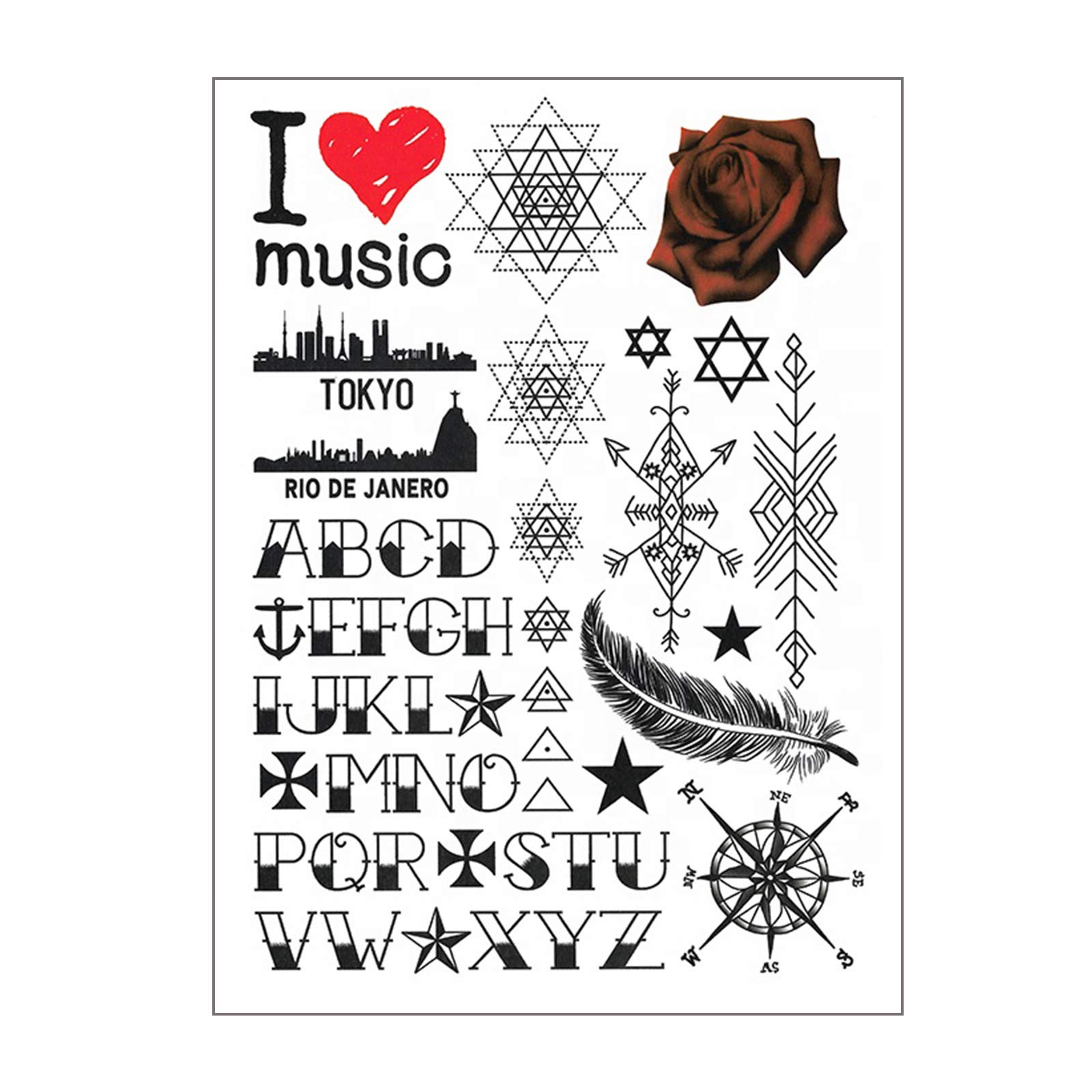 Delusion Tattoos Premium Temporary Tattoo Set - Music Notes, Rose Letters, Hearts, Feathers, Compass & Stars - Waterproof Fake Tattoos for Men, Women & Kids (15x21cm) - Perfect for Parties, Festivals & Costume Events