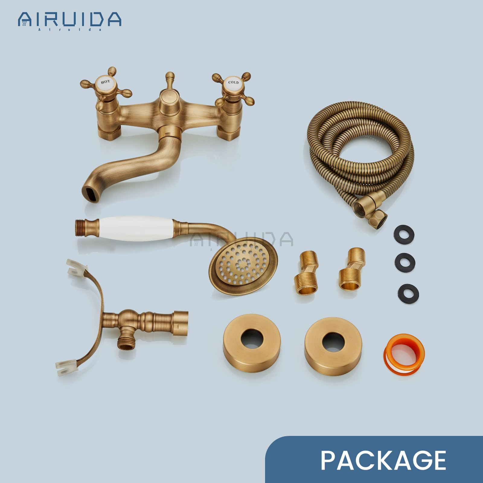 Antique Brass Wall Mount Bathtub Faucet with Handheld Shower Sprayer - Vintage Style Double Cross Handle Hot/Cold Water Mixer Tap - Perfect for Classic Bathroom Renovations & Spa-Like Showers