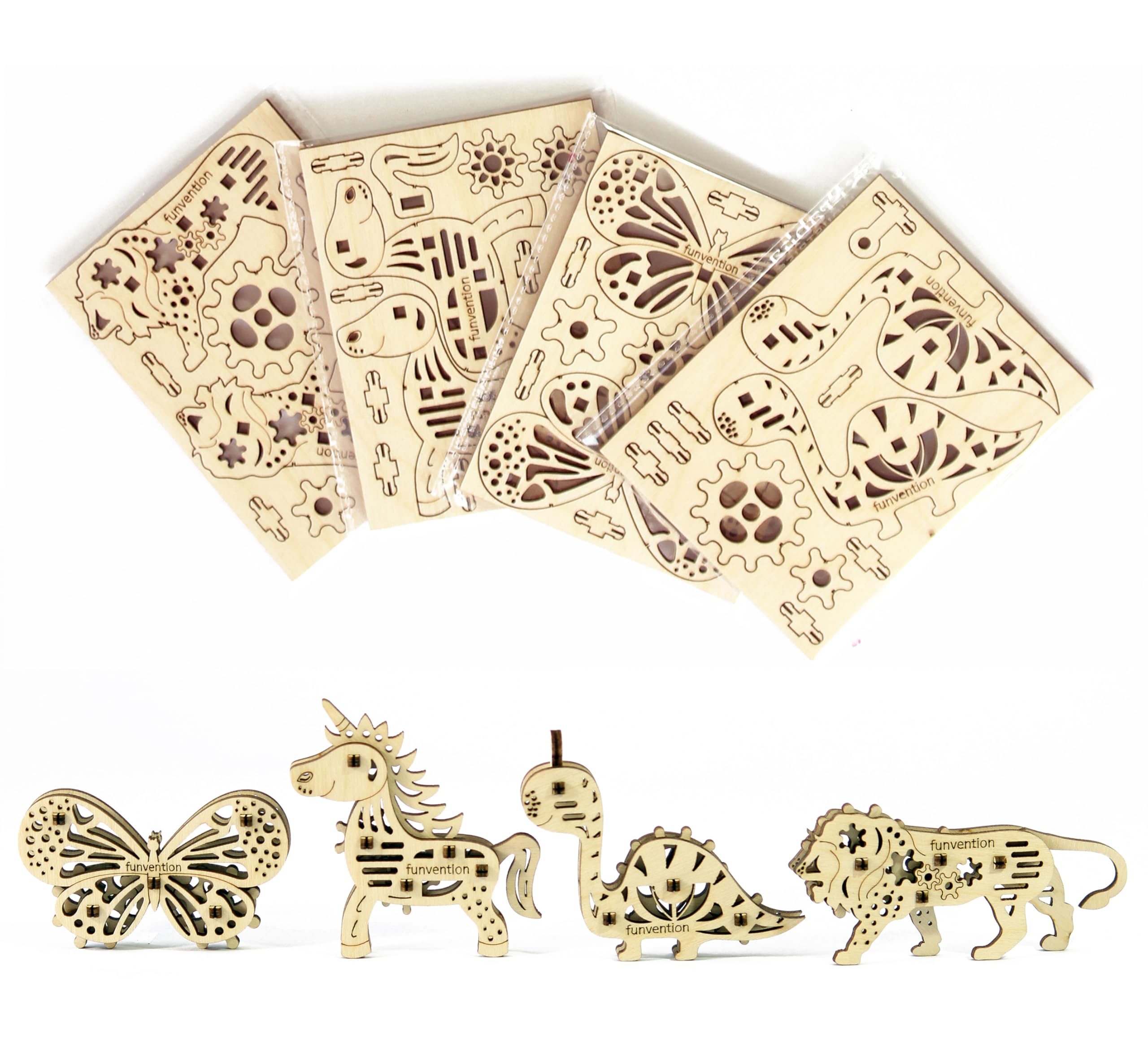 Funvention STEM Learning 3D Puzzle Kit - DIY Miniature Mechanical Lion, Unicorn, Dinosaur & Butterfly Models for Kids | Educational Wooden Fidget Toys | Science Experiment & Engineering Project for Children | Perfect for Classroom Activities, Birthday Gifts & Creative Play
