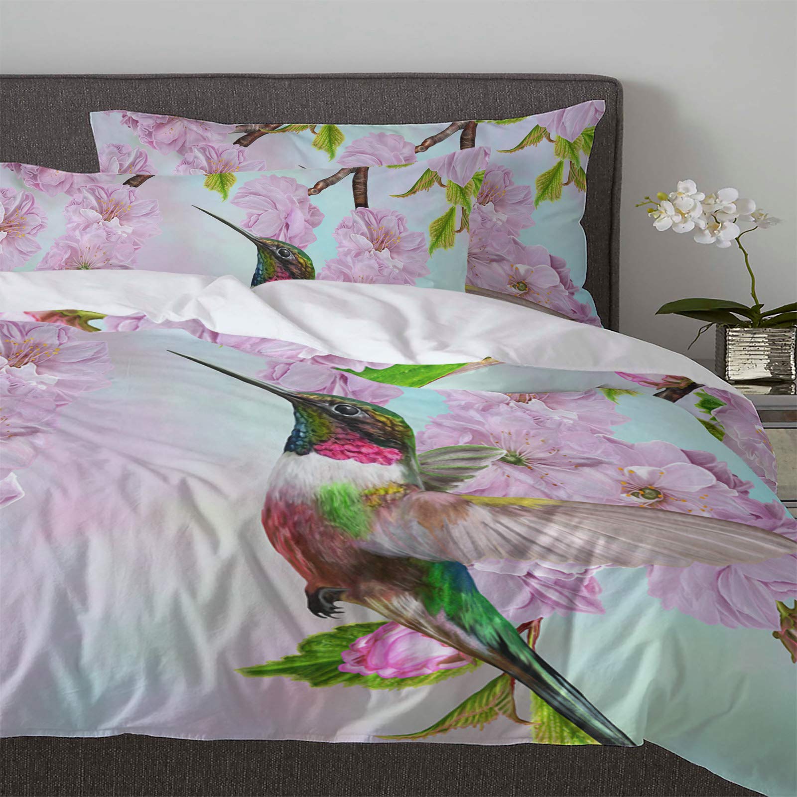 3 Piece California King Comforter Cover Set - Hummingbird Among Cherry Blossoms Oil Painting Duvet Cover, Soft Bedding Set for Kids, Teens & Adults (1 Duvet Cover + 2 Pillowcases) - Perfect for Master Bedroom, Guest Room & Dorm Decor