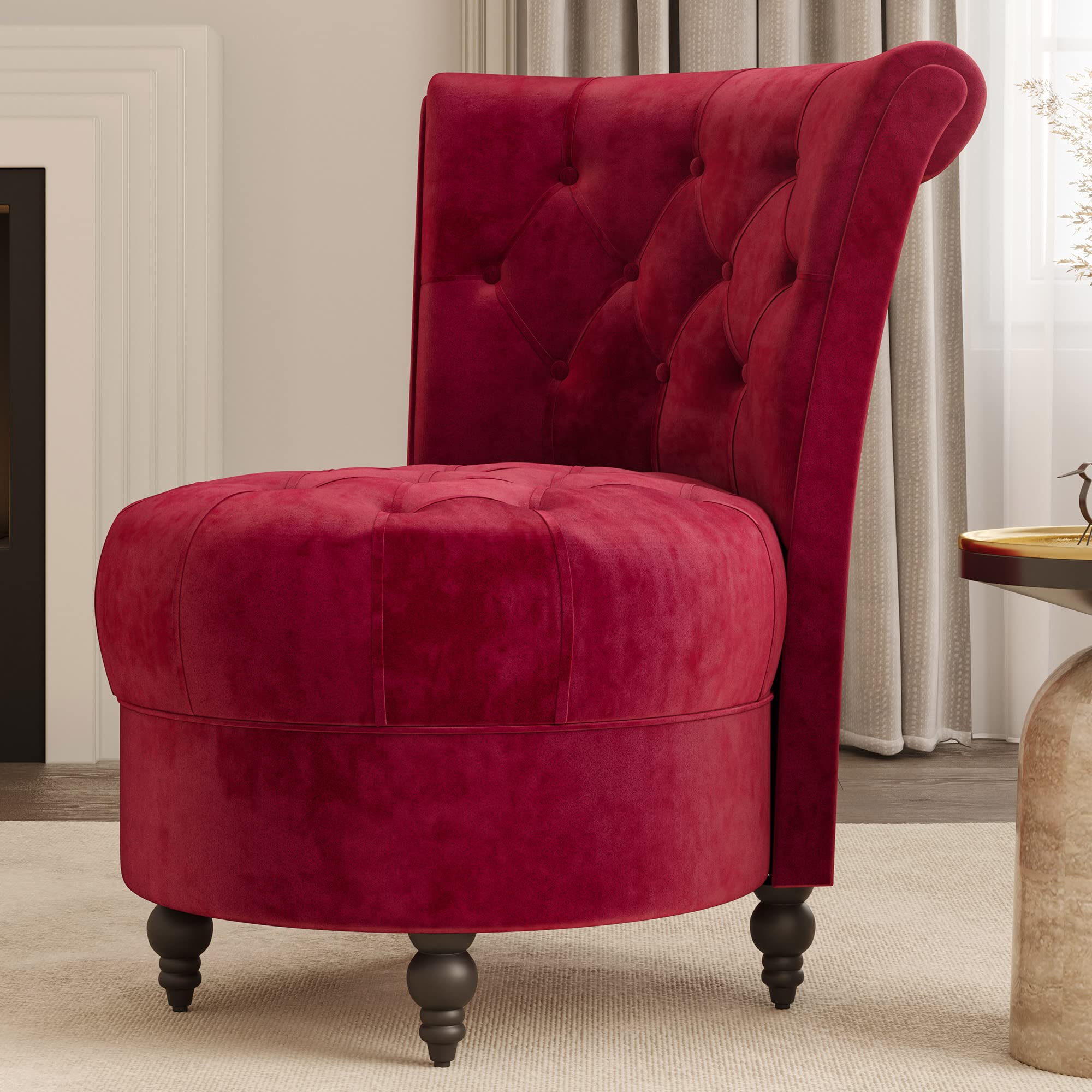 BELLEZE Throne Royal Velvet Accent Chair - Button-Tufted Upholstered Armless Low Back Chair with Thick Padding & Rubberwood Legs - Perfect for Living Room, Bedroom, or Office Decor (Red, Malik)