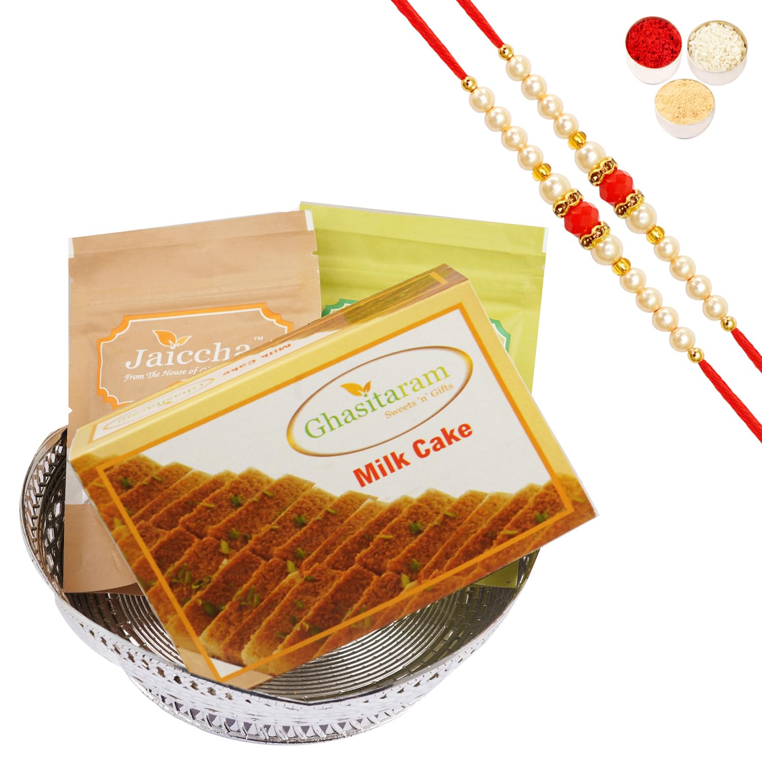 Premium Rakhi Gift Set for Brothers - Silver Basket with Almonds, Raisins & Milk Cake, 2 Pearl Bead Rakhis | Traditional Indian Raksha Bandhan Celebration Gifts