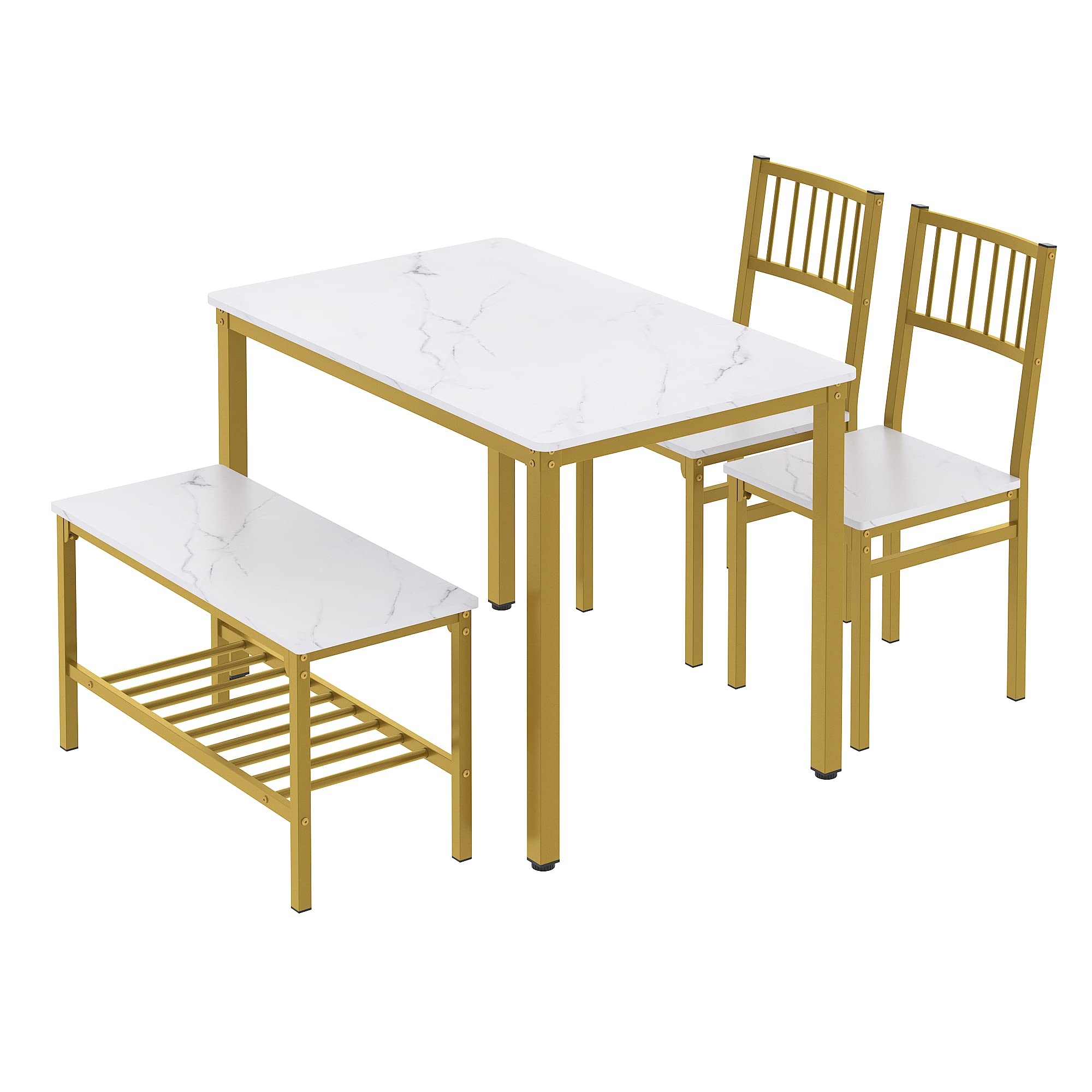 Teraves 4-Piece Dining Table Set with 2 Chairs & Bench - 120CM White Marble Top & Gold Frame Kitchen Table, Computer Desk - Perfect for Small Spaces, Dining Rooms & Home Offices