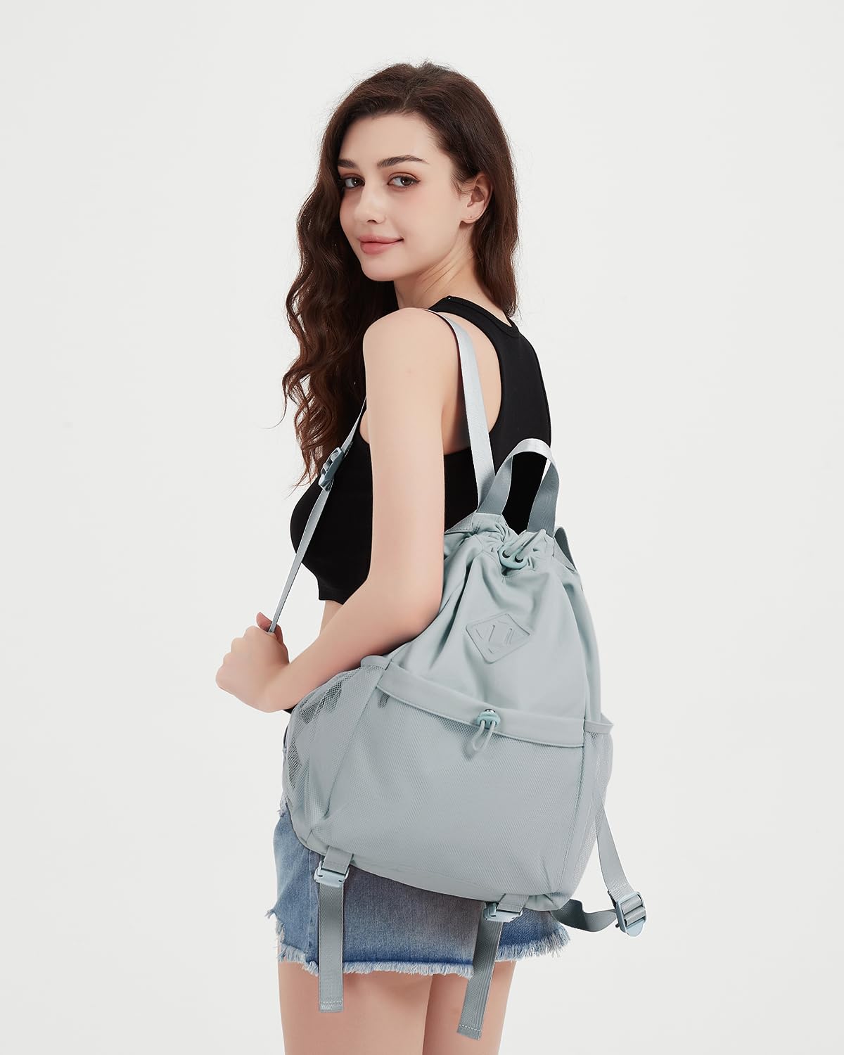 WANDF Water-Resistant Drawstring Backpack for Gym & Yoga - Sports Cinch Bag with Mesh Pocket & Yoga Mat Strap - Lightweight String Backpack for Men & Women (Grey) - Perfect for Workouts, Travel & Outdoor Activities