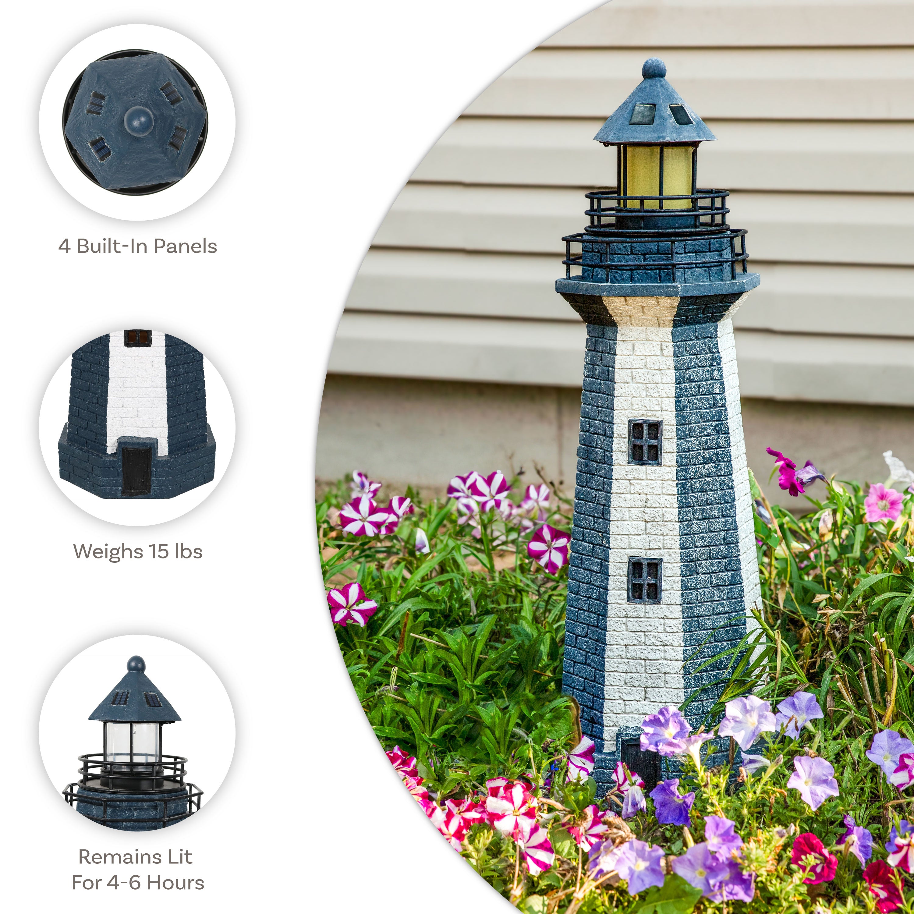 Sunnydaze Solar-Powered Striped LED Lighthouse Outdoor Decor - 36