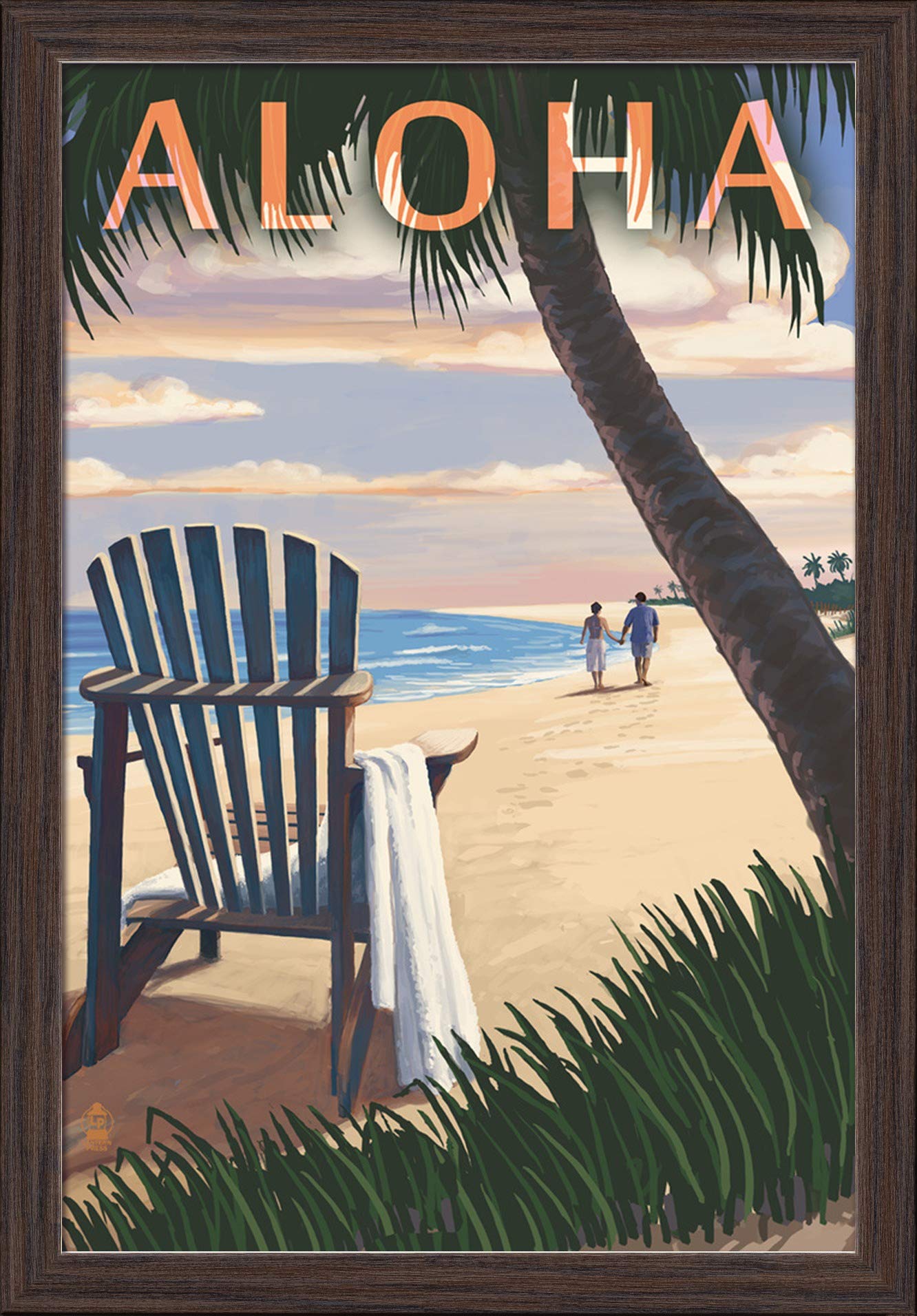Adirondack Chairs and Sunset, Aloha - 16x24 Inch Giclee Fine Art Print with Recycled Wood Frame in Espresso Brown - Perfect for Beach House, Patio, and Coastal Home Decor