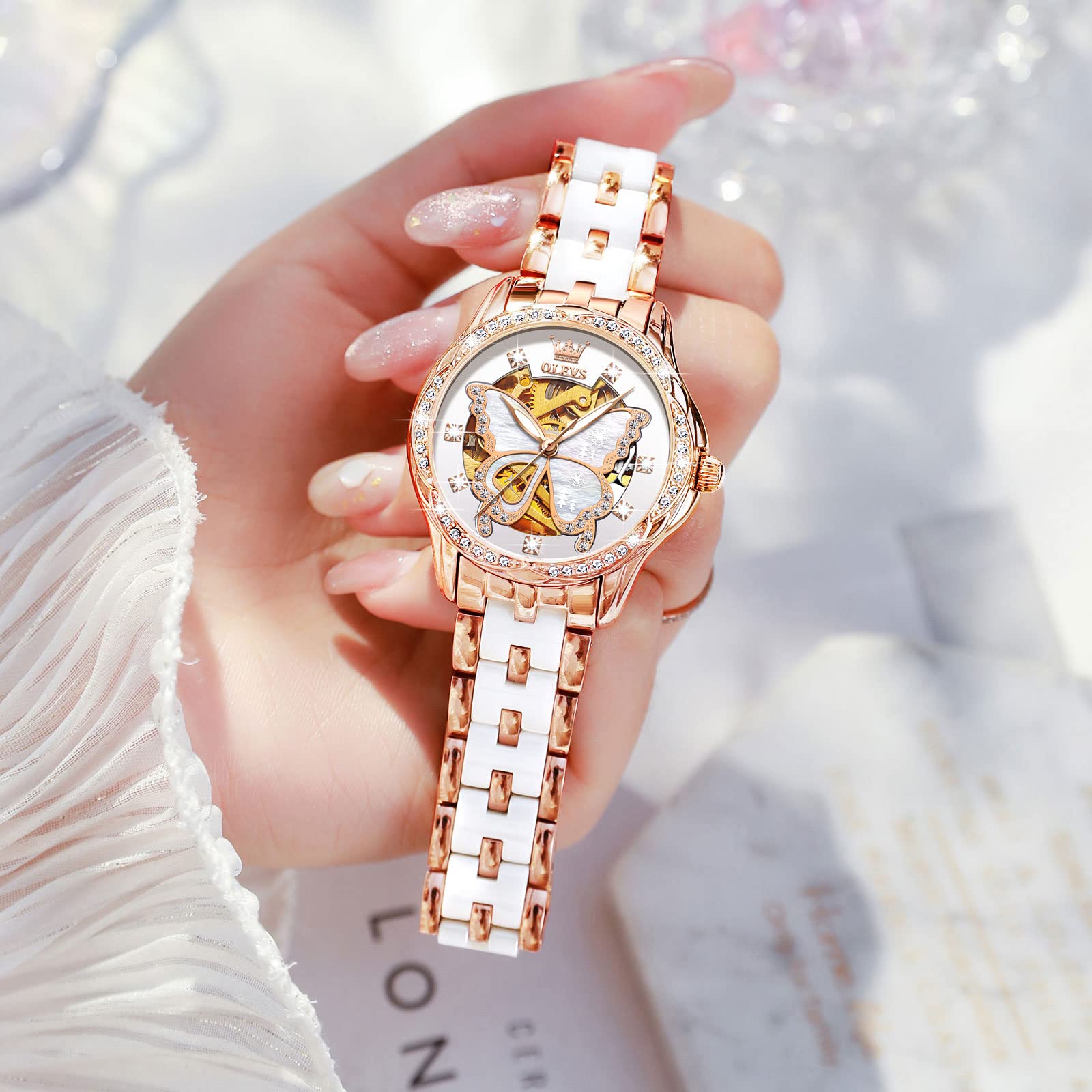OLEVS Women's Luxury Diamond Automatic Self-Winding Watch - Elegant Stainless Steel & Ceramic Dress Watch with Luminous Hands, Waterproof for Daily Wear - Perfect for Business, Party & Special Occasions