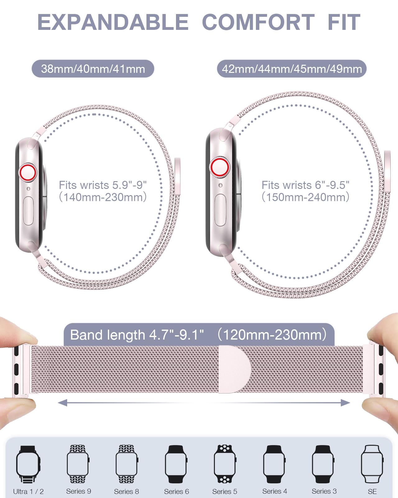Stainless Steel Milanese Loop Band for Apple Watch 38mm 40mm 41mm - Magnetic Clasp Replacement Strap Compatible with iWatch Series 1-9 - Perfect for Workouts, Office Wear & Everyday Fashion