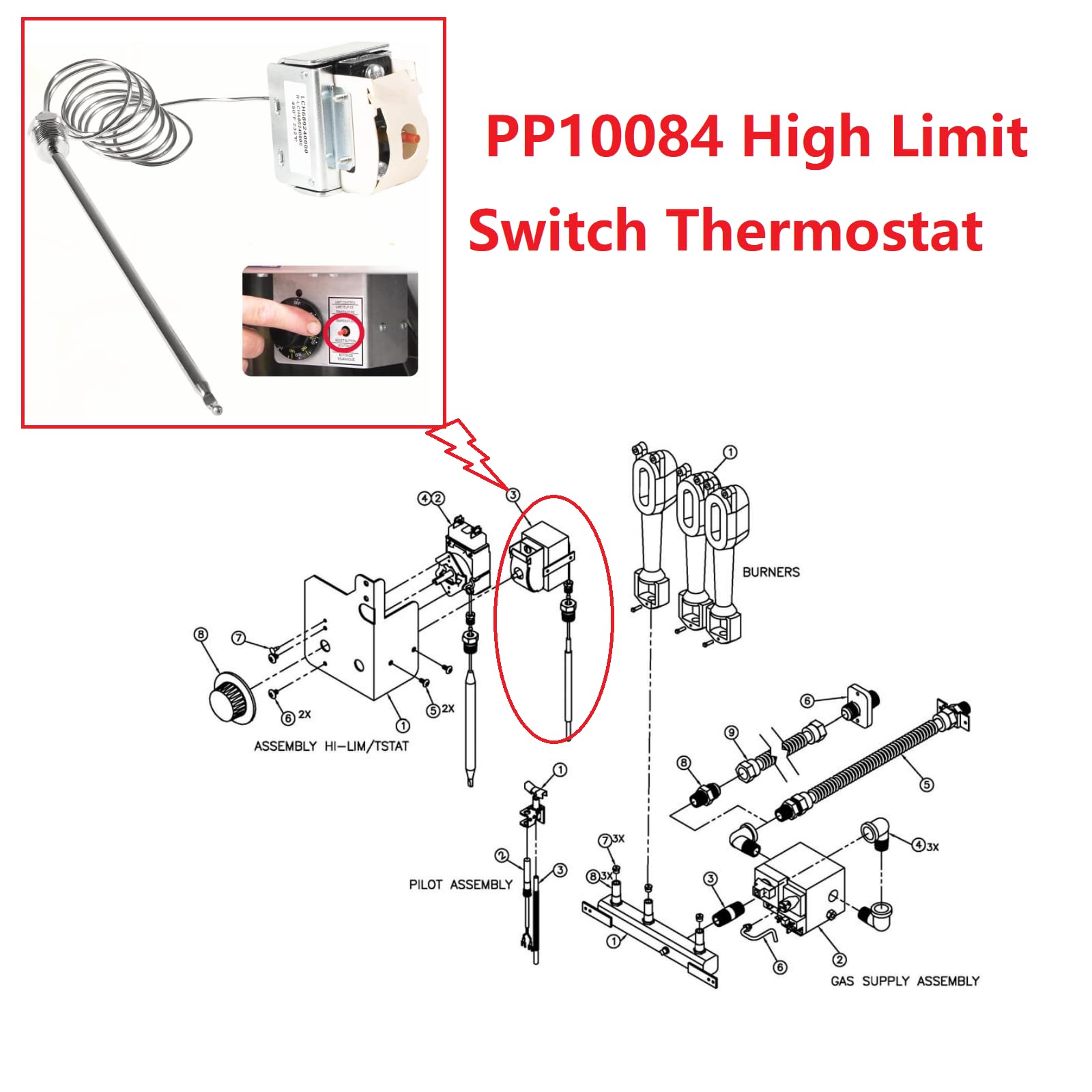 MCAMPAS PP10084 High Limit Switch Thermostat for Pitco Fryer - 1/4