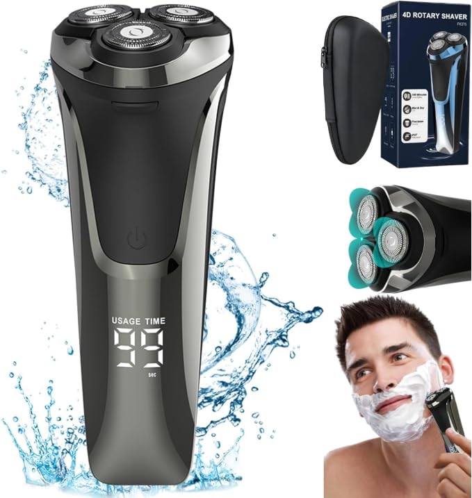 2025 New 4D Rotary Electric Razor for Men - IPX7 Waterproof, Rechargeable Wet/Dry Facial Shaver with 2 Replacement Heads (Black) - Perfect for Travel, Gym & Daily Grooming