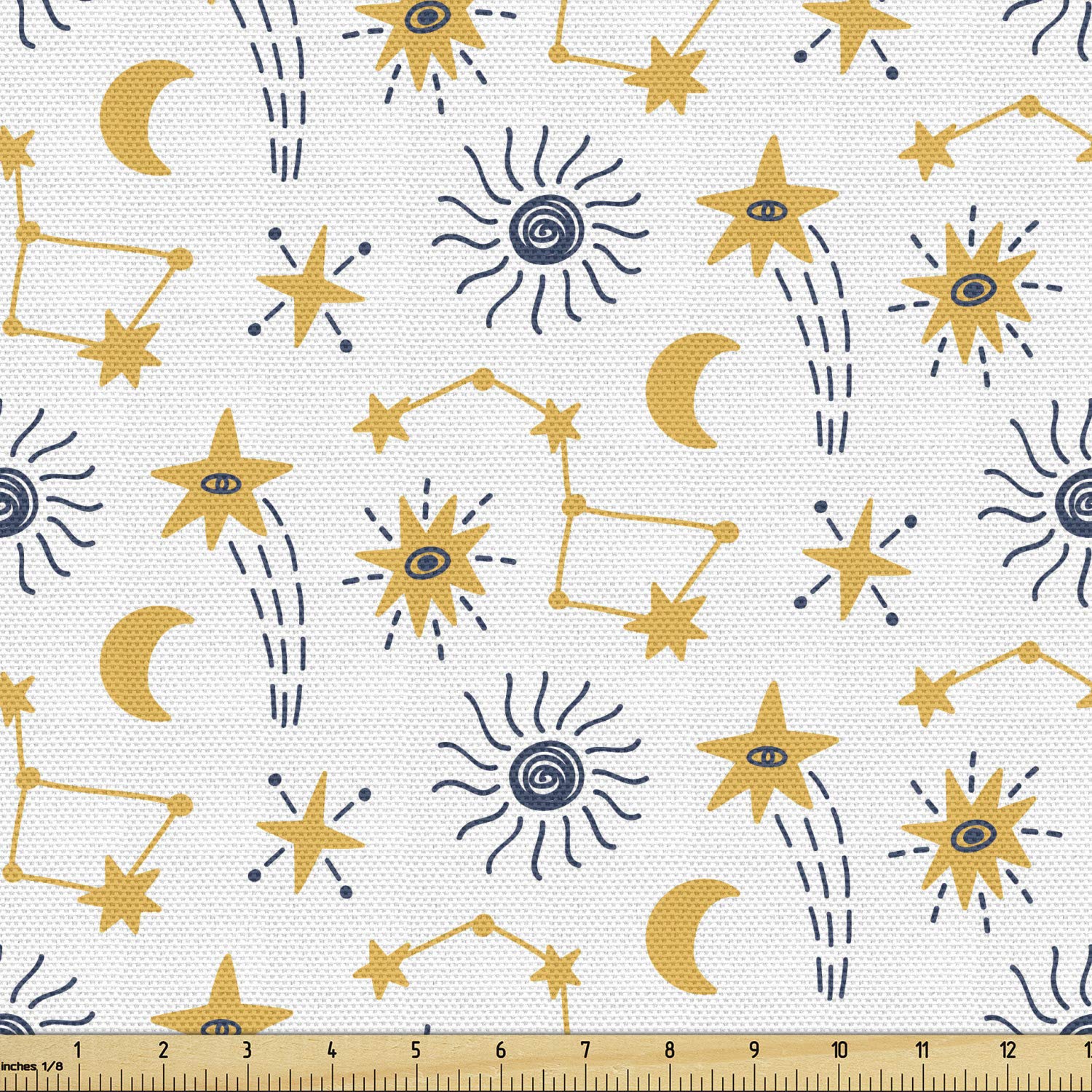 Ambesonne Cartoon Fabric by The Yard - Scandinavian Style Outer Space Print with Stars, Comets & Planets - Decorative Upholstery Fabric for Sofa, Curtains & Home Decor (10 Yards, Night Blue & Pale Orange) - Perfect for DIY Projects, Nursery Decor & Space-Themed Bedrooms