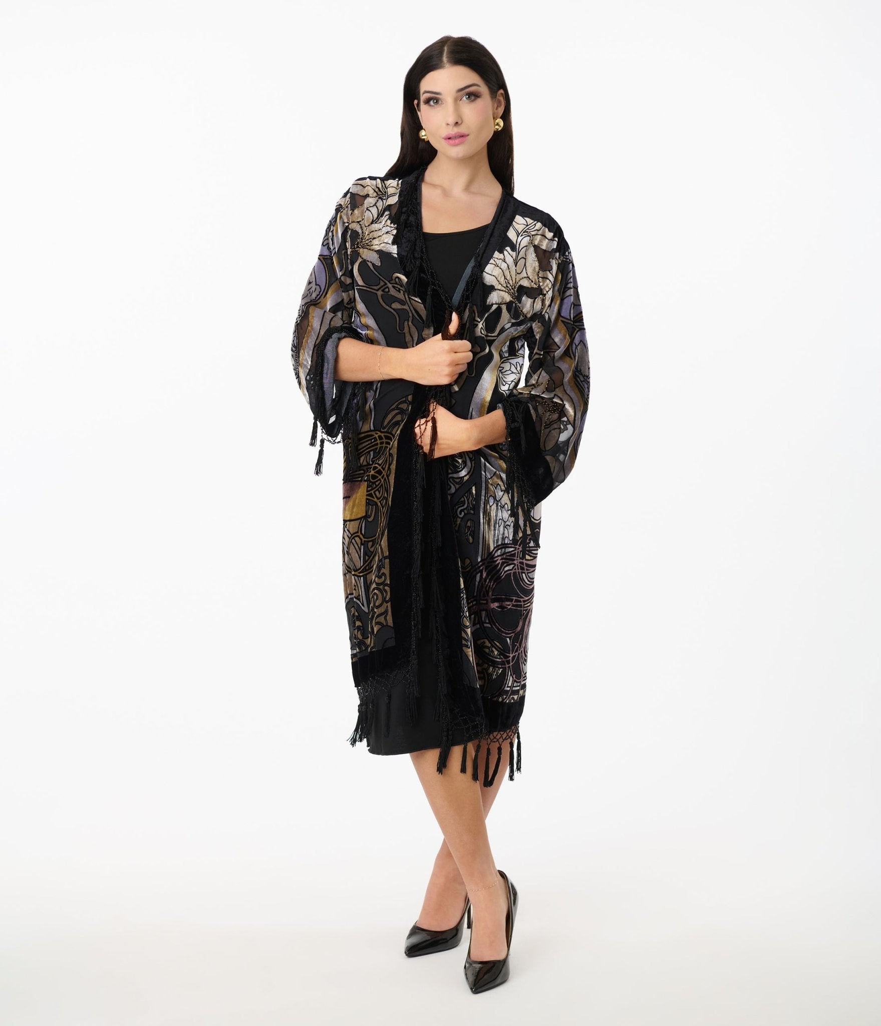 1920s Black Beaded Zodiac Goddess Devore Velvet Scarf Coat - Vintage Flapper Style Shawl for Evening Parties, Weddings & Costume Events