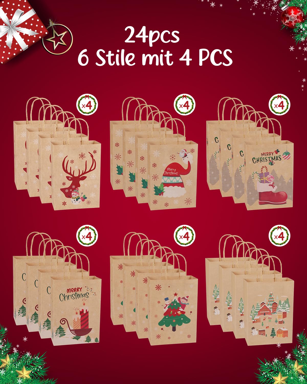 24 Pack Christmas Gift Bags - 6 Festive Designs Kraft Paper Gift Bags with Handles (8.26x5.90x3.14 Inches) - Reusable Holiday Present Bags for Xmas, Birthday, Party Favors & Gift Wrapping