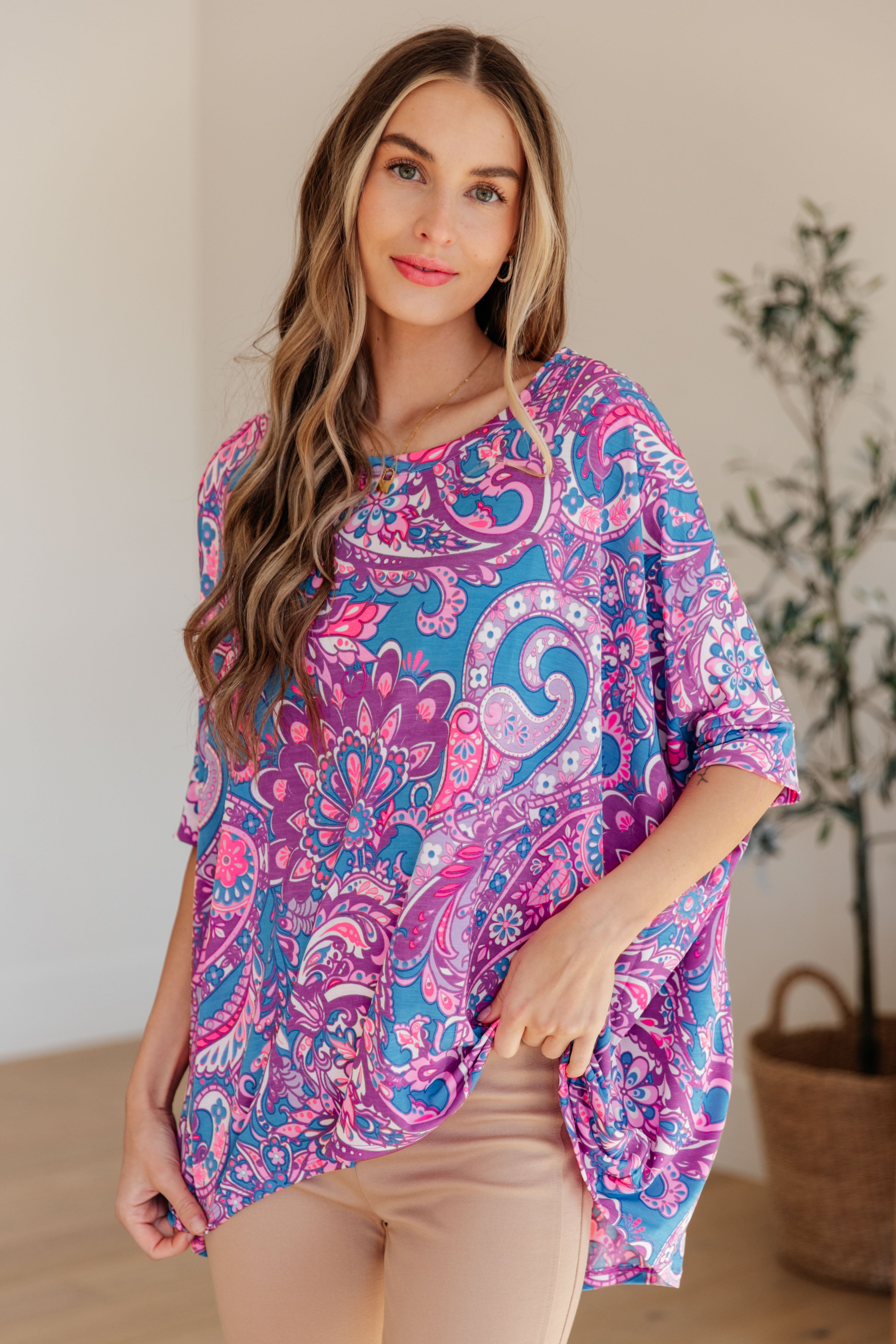 Dear Scarlett Women's Purple Paisley Print Essential Blouse - Elegant Long Sleeve Tops for Work, Office & Casual Wear