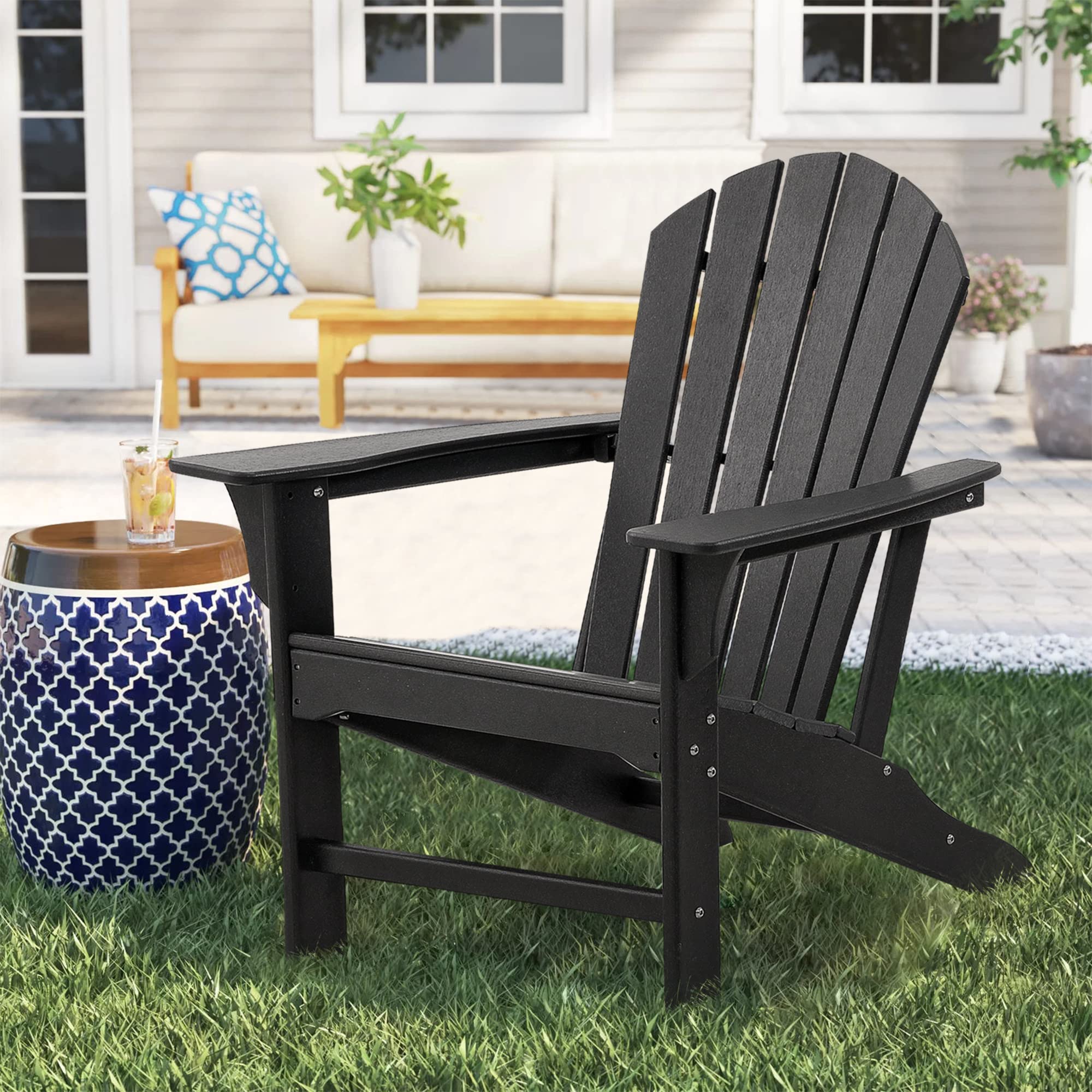 **WMK Adirondack Chair - HDPE Weather-Resistant Outdoor Fire Pit Chairs, Plastic Resin Deck Chairs for Patio, Lawn & Garden (Black) - Perfect for Backyard Relaxation & Campfires**