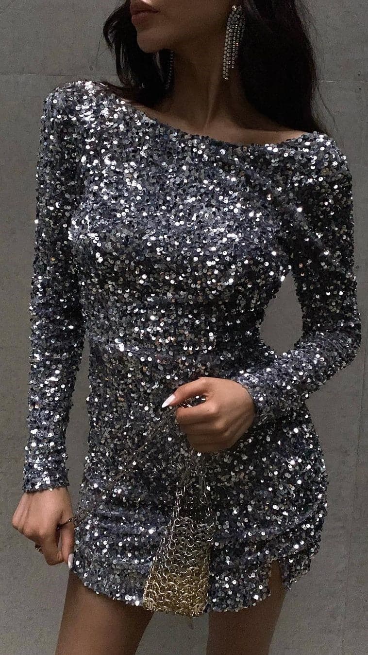 Felicia Women's Mini Dress - Elegant Silver Party Dress for Night Out, Club, Date Night & Special Occasions