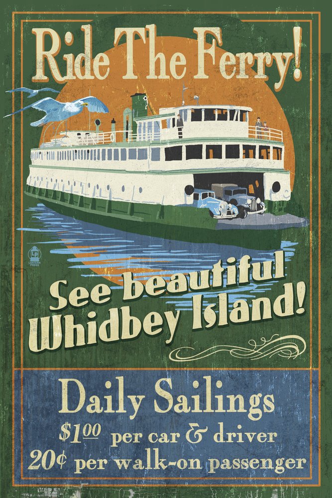 Vintage Whidbey Island Washington Ferry Sign Art Print - 24x36 Signed Wall Decor Poster | Pacific Northwest Coastal Home Decor, Nautical Office Art, Gift for Ferry Enthusiasts