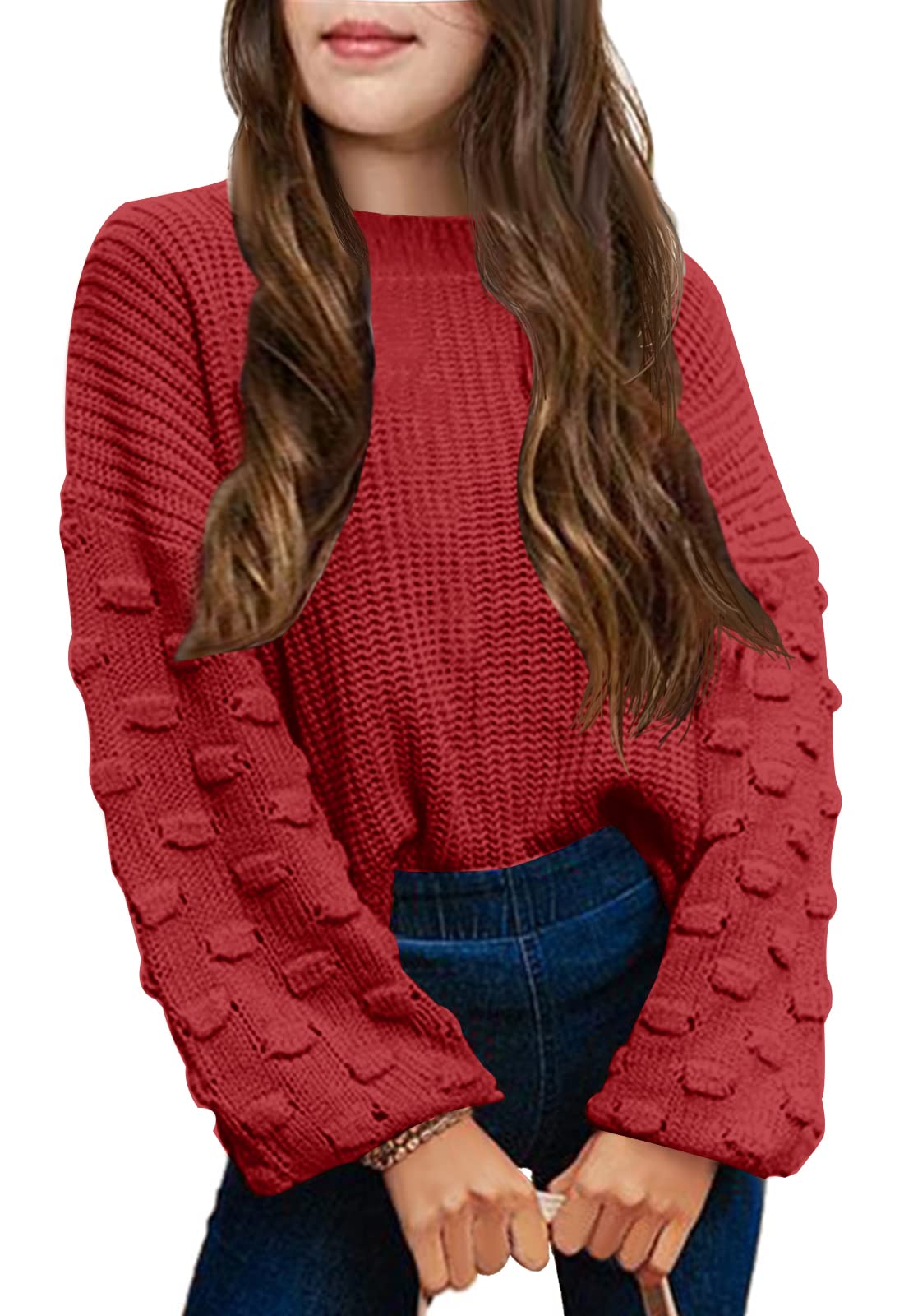 Girls Crewneck Knit Pullover Sweater - Long Lantern Sleeve Oversized Cute Jumper Top for School, Casual Wear & Winter Fashion
