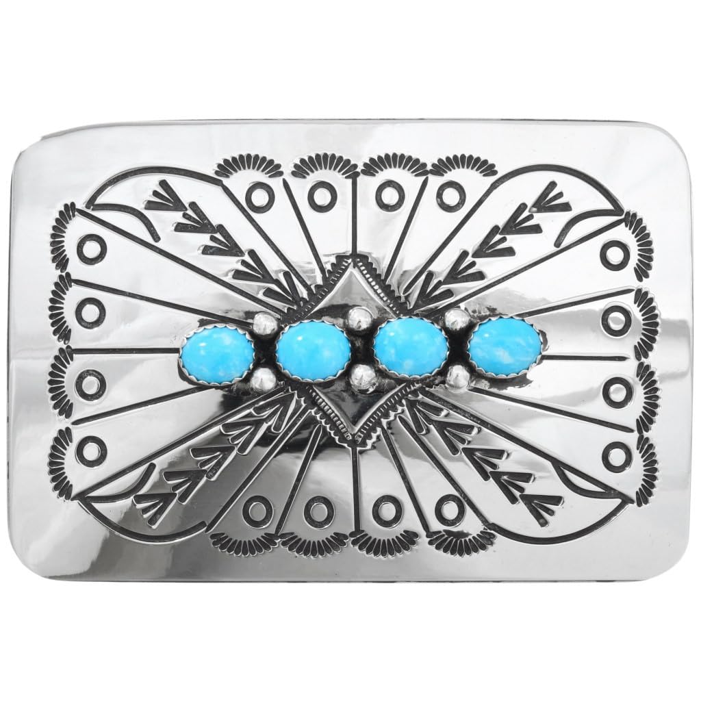 Authentic Navajo Turquoise Silver Belt Buckle - Handcrafted Hammered Design with Turkey and Tail Feathers Pattern 1042 - Perfect for Western Fashion, Native American Jewelry Collectors, and Cowboy Accessories
