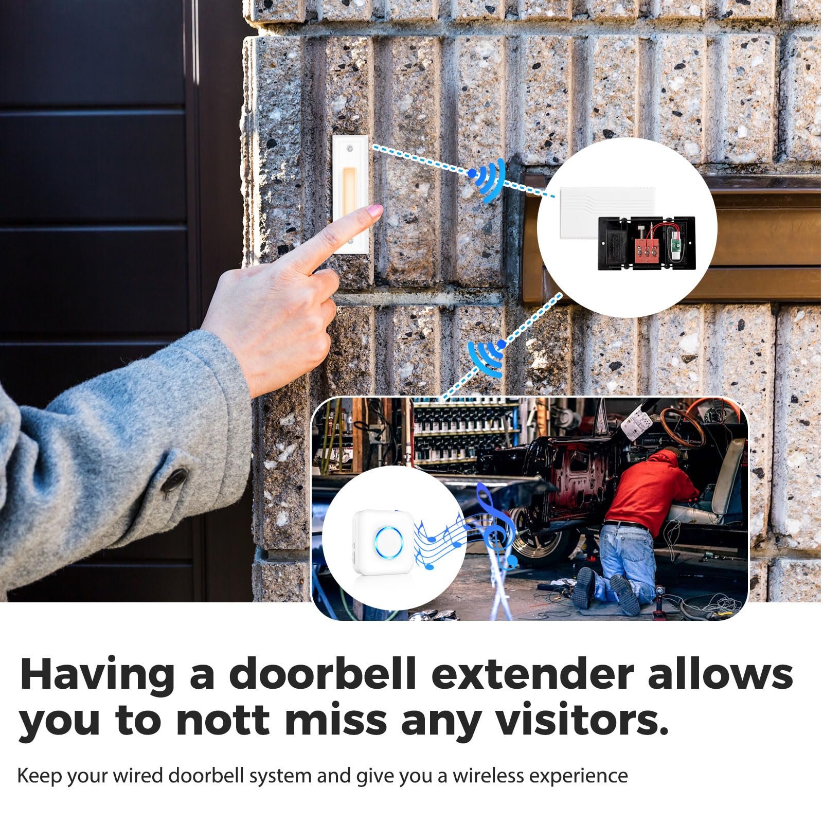 **Satisure Wireless Doorbell Extender with Receiver – 656 FT Range, 58 Chimes, 5 Volume Levels – Converts Hardwired to Wireless for Home, Garage, Basement – Perfect for Large Houses, Multi-Story Buildings & Outdoor Use**