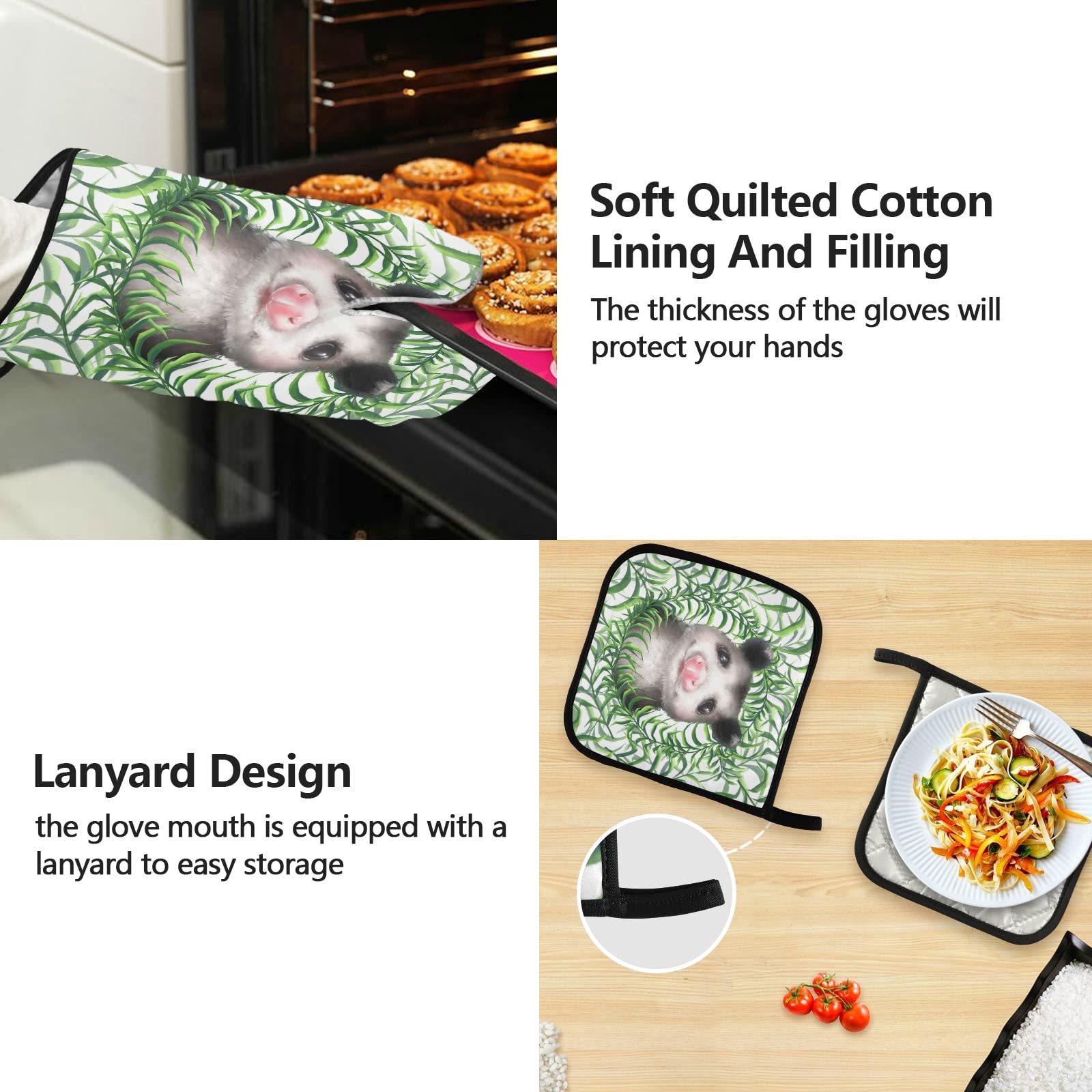 Heat-Resistant 5-Piece Kitchen Set - Insulated Oven Mitts, Pot Holder, Apron & Mat for Baking, Grilling & Cooking | Baby Opossums Green Grass Design | Microwave Safe & Heat Protection for Home Chefs