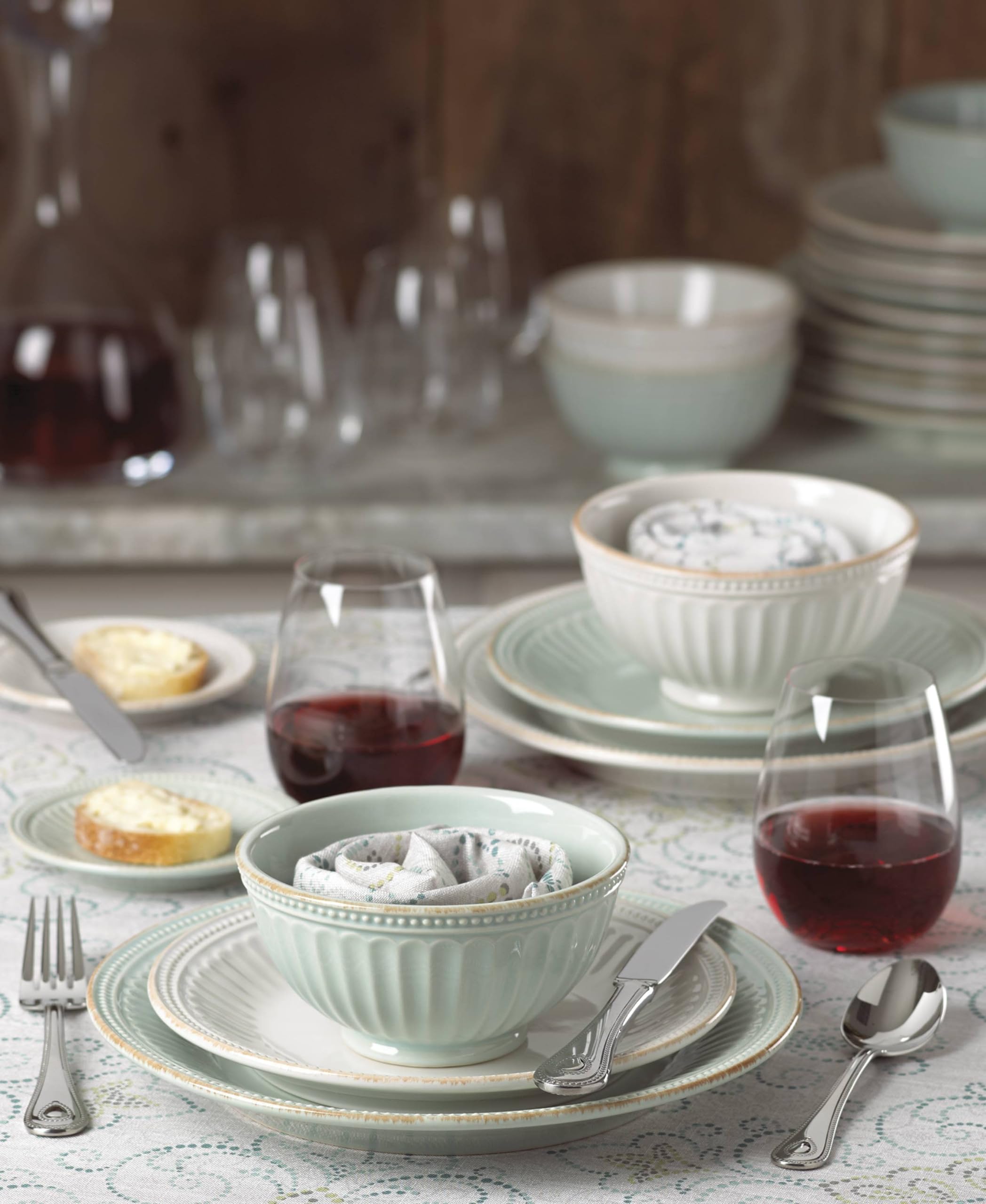Lenox 870009 French Perle Groove 12-Piece Dinnerware Set - Blue Porcelain Plates & Bowls for Elegant Dining & Entertaining