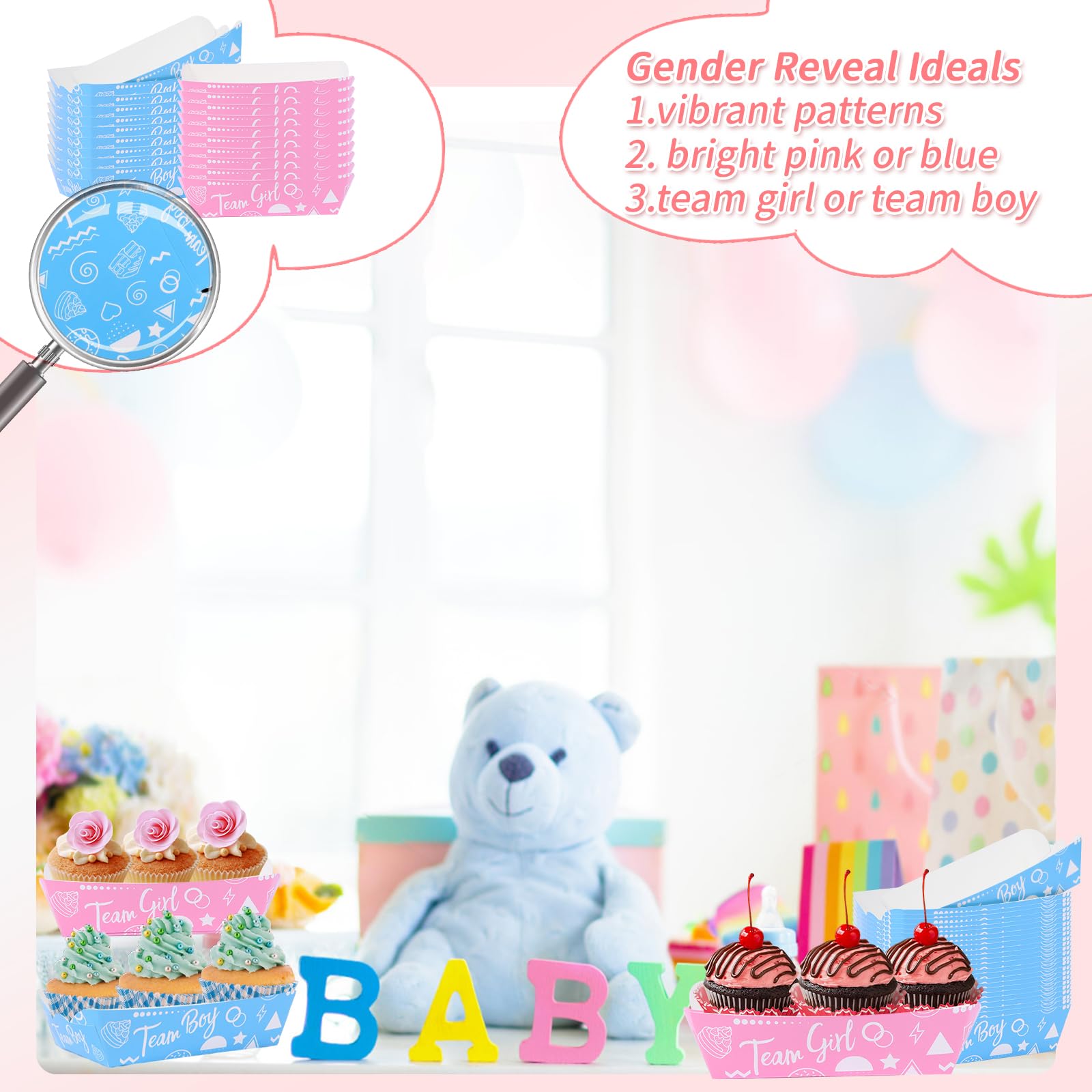 Blue or Pink Gender Reveal Party Food Trays (50 Pack) - Disposable Paper Plates for Hot Dogs, Nachos & Snacks - Perfect for Baby Shower, Christmas & Birthday Celebrations
