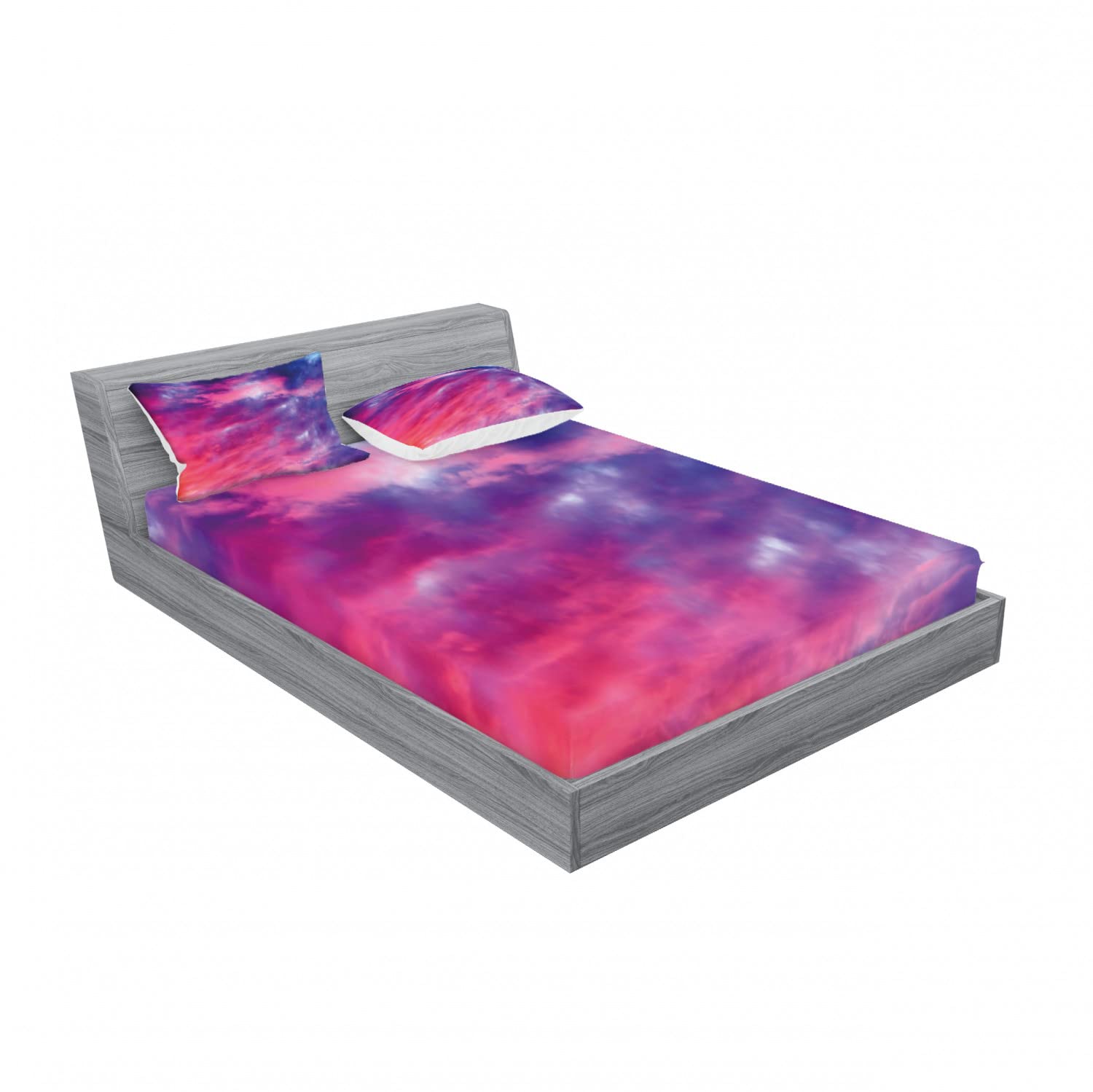 Ambesonne 2-Pack Queen Size Fitted Sheet & Pillow Sham Set - Cloudy Sunset Design, Purple Bedding Decor (Includes 2 Fitted Sheets & 4 Pillow Covers) for Master Bedroom, Guest Room, or Vacation Home - Soft & Breathable Cotton Blend