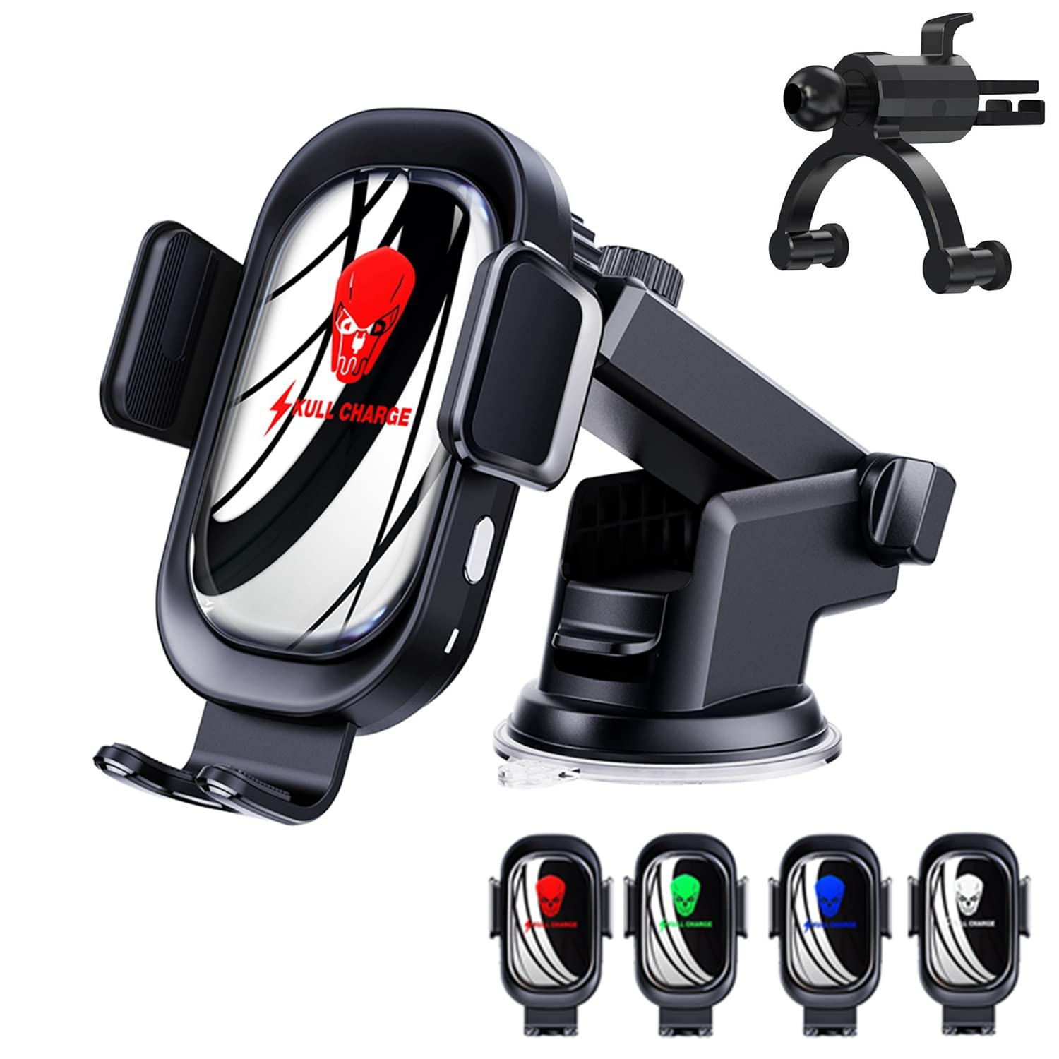 15W Qi Fast Wireless Car Charger & Phone Holder - Long Arm Vent/Dashboard Mount with Skull Atmosphere Light (Blue) - Hands-Free Charging for iPhone, Samsung, Android - Perfect for Road Trips & Commuting